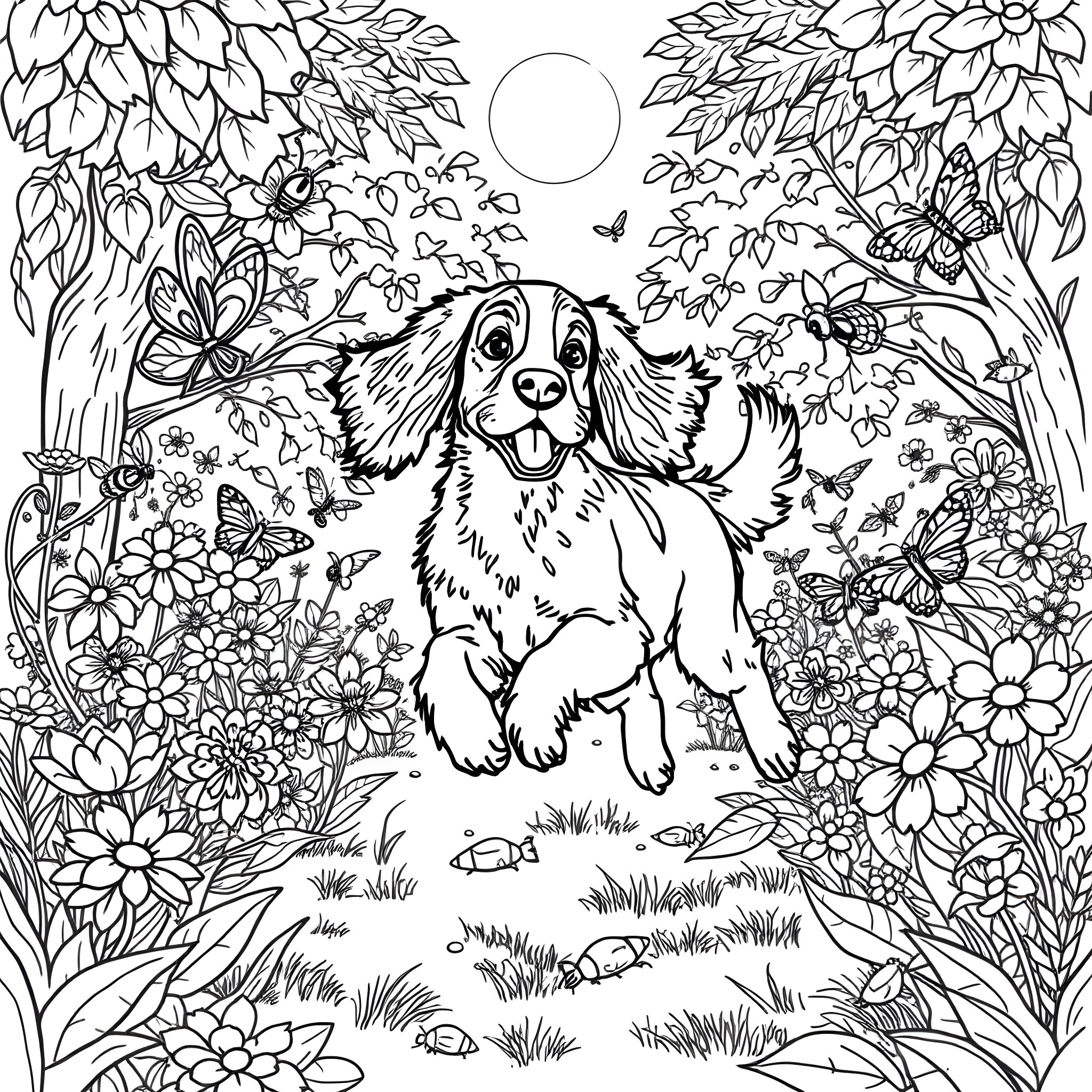 Springer Spaniel playing joyfully in a lush floral garden Coloring Page (free black-and-white line drawing printable PDF for all, from beginners to advanced learners, including children, teens, adults, and seniors)