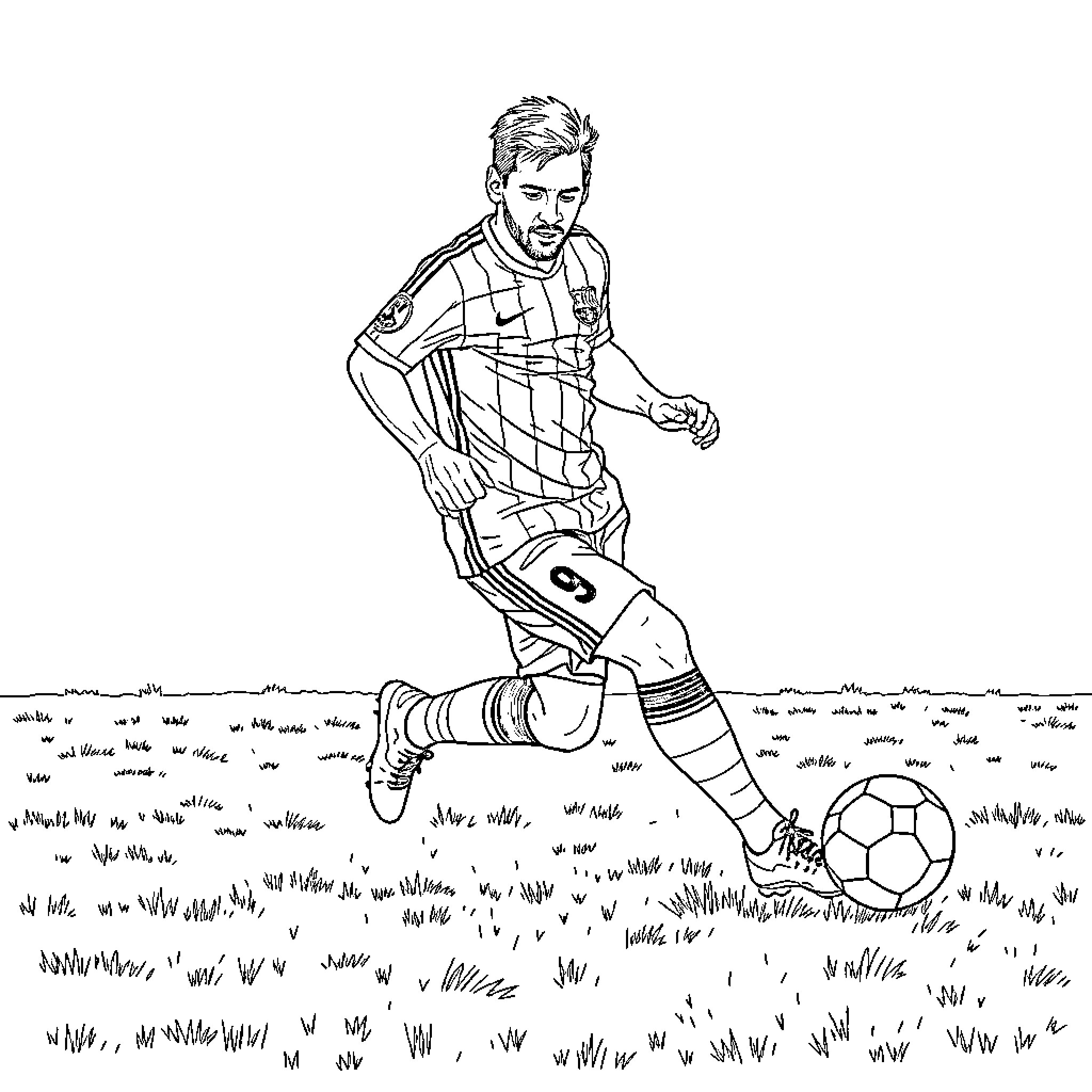 Leo Messi playing soccer on the field Coloring Page (free black-and-white line drawing printable PDF for all, from beginners to advanced learners, including children, teens, adults, and seniors)