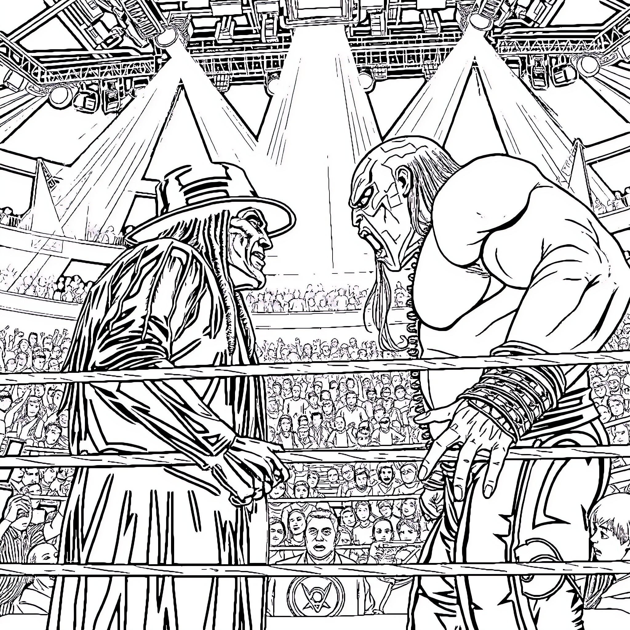 Wrestlers in a dramatic grappling match Coloring Page (free black-and-white line drawing printable PDF for all, from beginners to advanced learners, including children, teens, adults, and seniors)