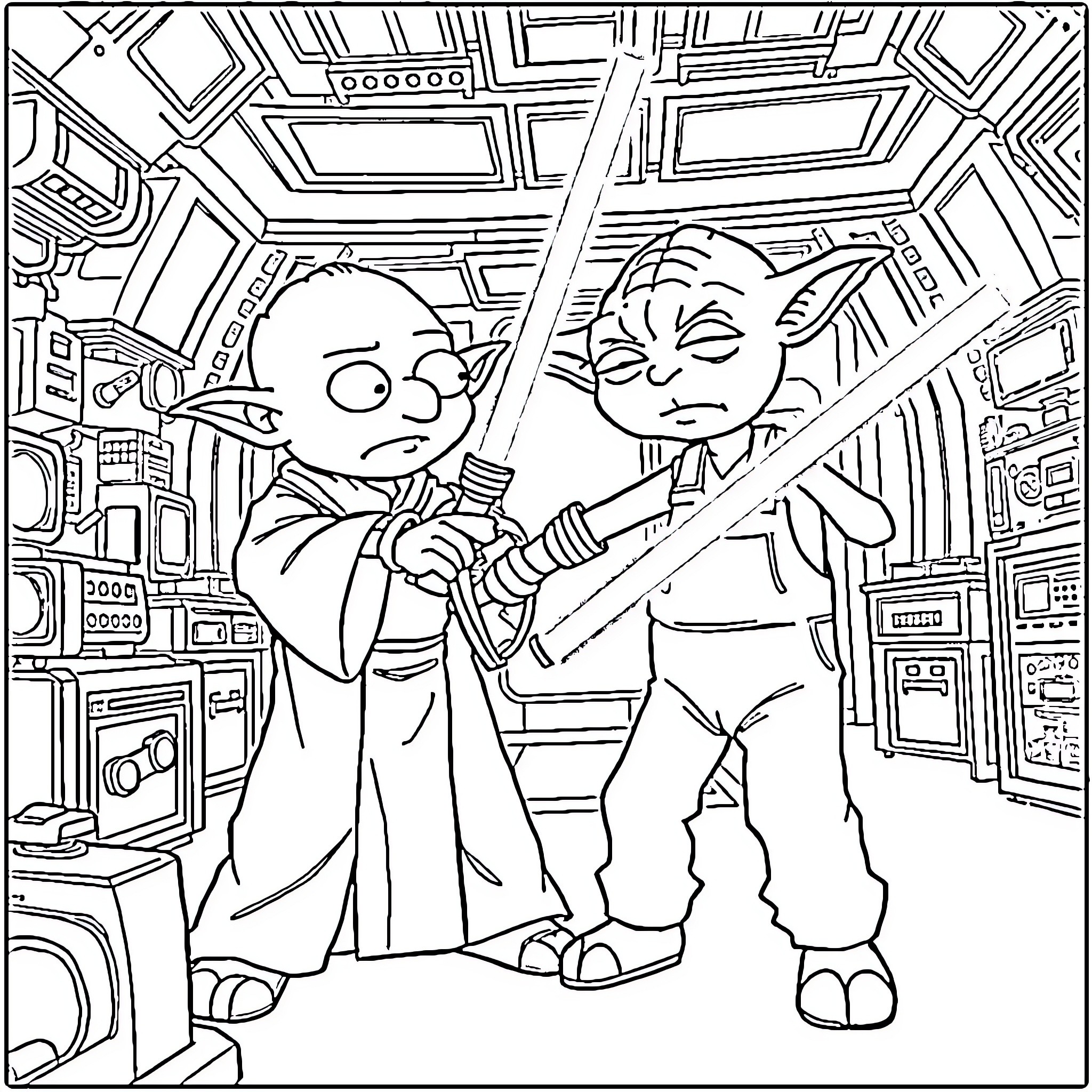 Yoda and Jedi Master Training in Futuristic Cockpit Coloring Page (free black-and-white line drawing printable PDF for all, from beginners to advanced learners, including children, teens, adults, and seniors)