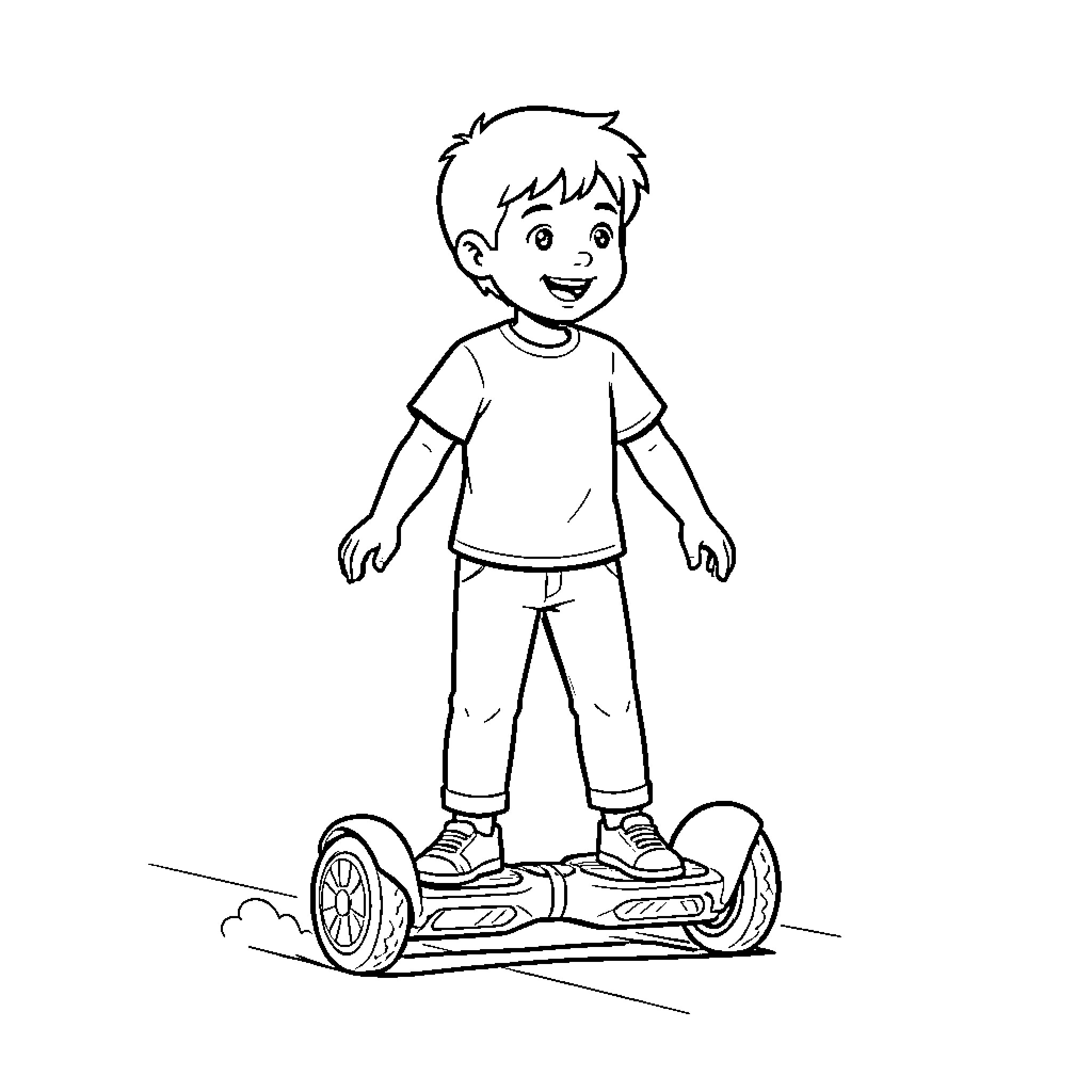 Hoverboard being ridden by a smiling young boy Coloring Page (free black-and-white line drawing printable PDF for all, from beginners to advanced learners, including children, teens, adults, and seniors)
