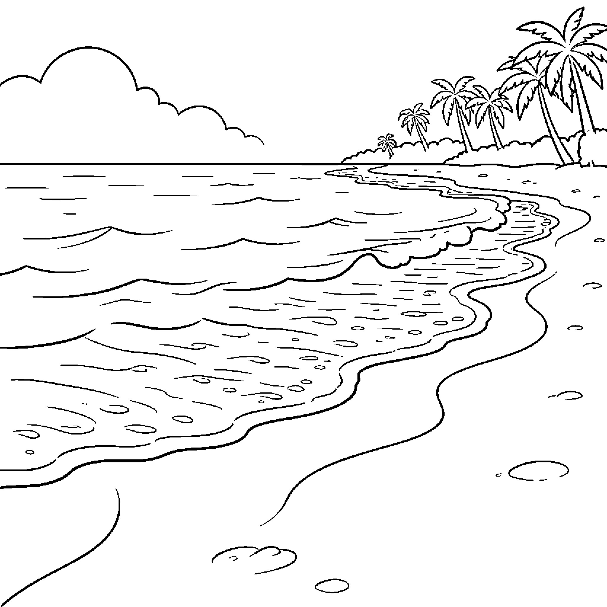 Beach with gentle waves and tropical palm trees Coloring Page (free black-and-white line drawing printable PDF for all, from beginners to advanced learners, including children, teens, adults, and seniors)