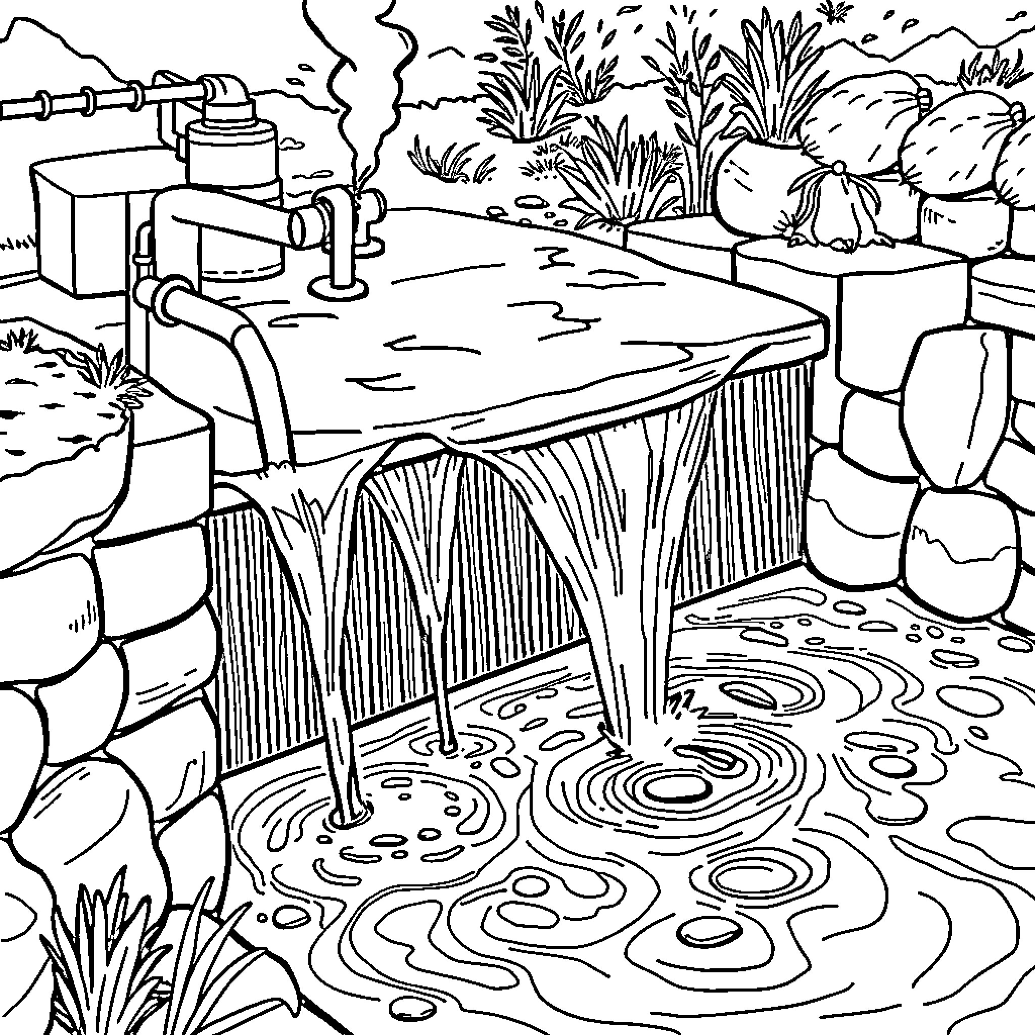 Wastewater Treatment Facility Amid Nature Coloring Page (free black-and-white line drawing printable PDF for all, from beginners to advanced learners, including children, teens, adults, and seniors)