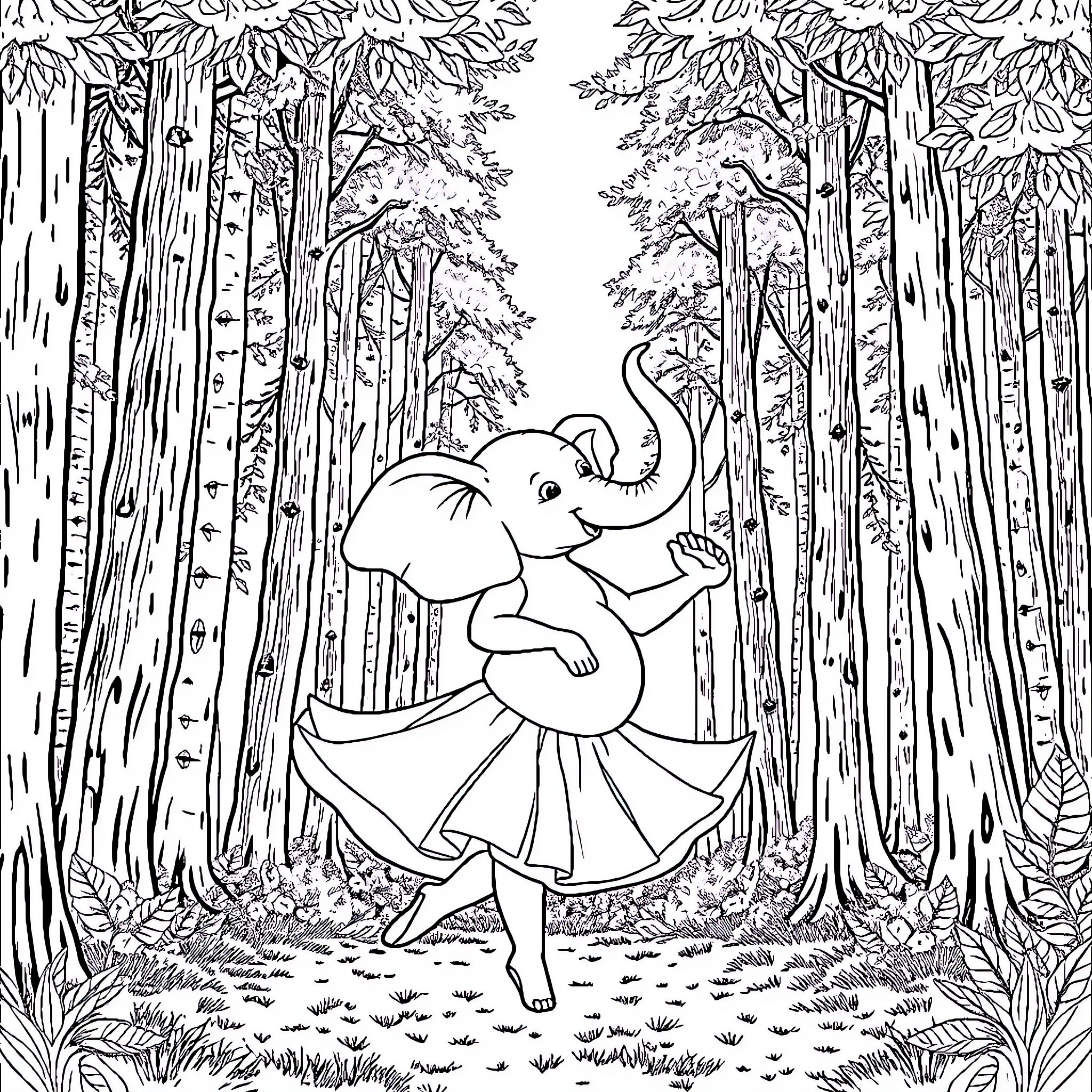Elephant dancing joyfully in the forest Coloring Page (free black-and-white line drawing printable PDF for all, from beginners to advanced learners, including children, teens, adults, and seniors)