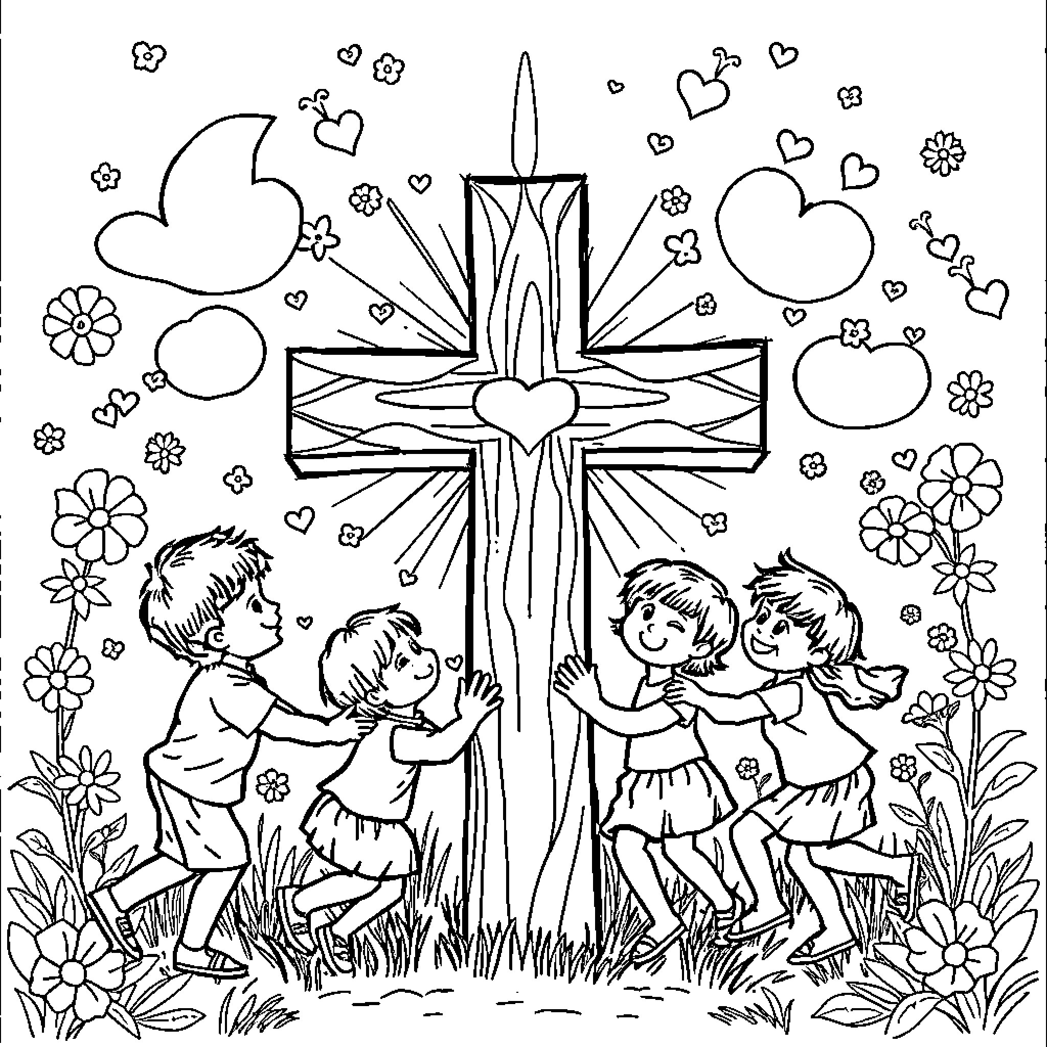 Cross with Children Celebrating in Nature Coloring Page (free black-and-white line drawing printable PDF for all, from beginners to advanced learners, including children, teens, adults, and seniors)