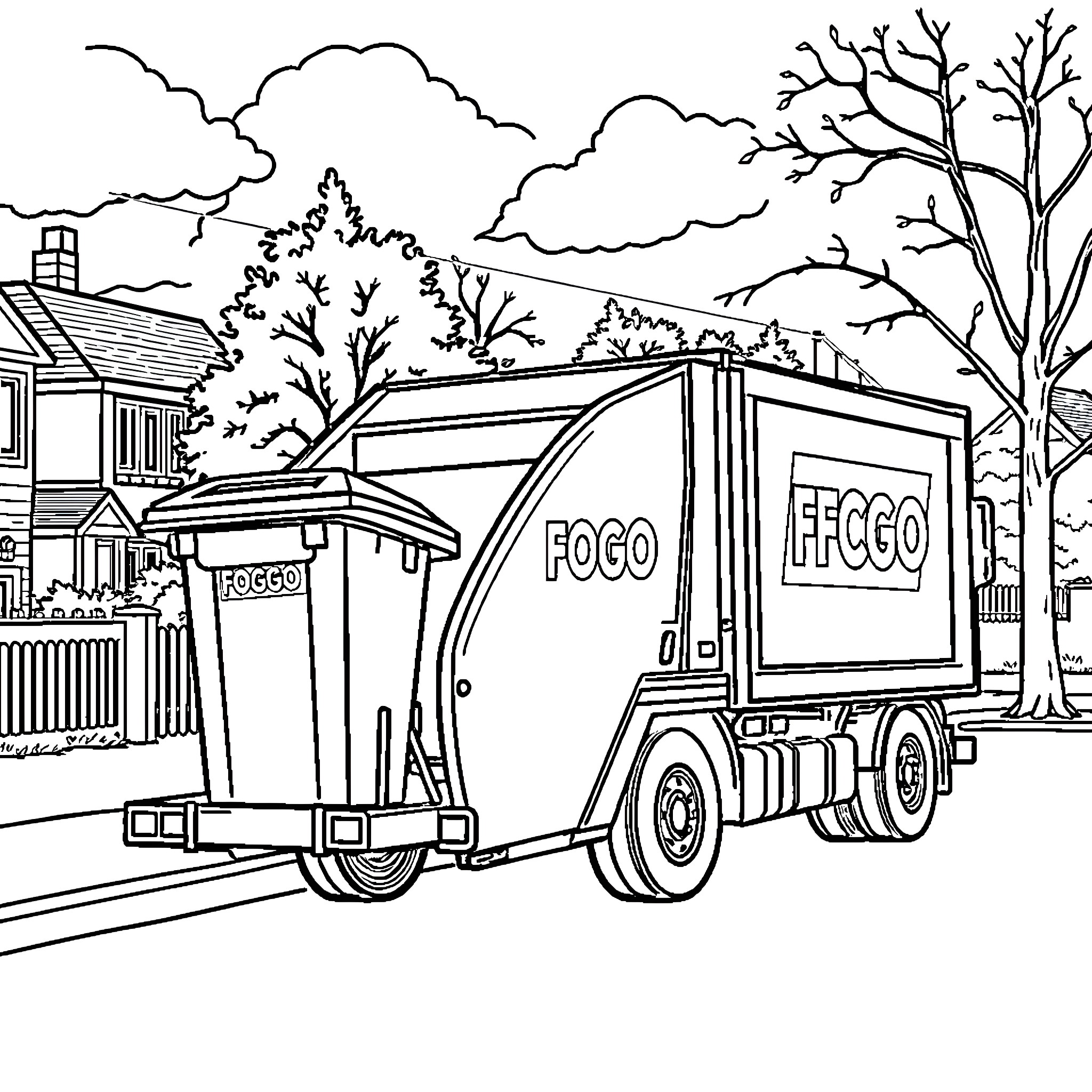 Rubbish Truck Collecting Waste in Suburban Neighborhood Coloring Page (free black-and-white line drawing printable PDF for all, from beginners to advanced learners, including children, teens, adults, and seniors)