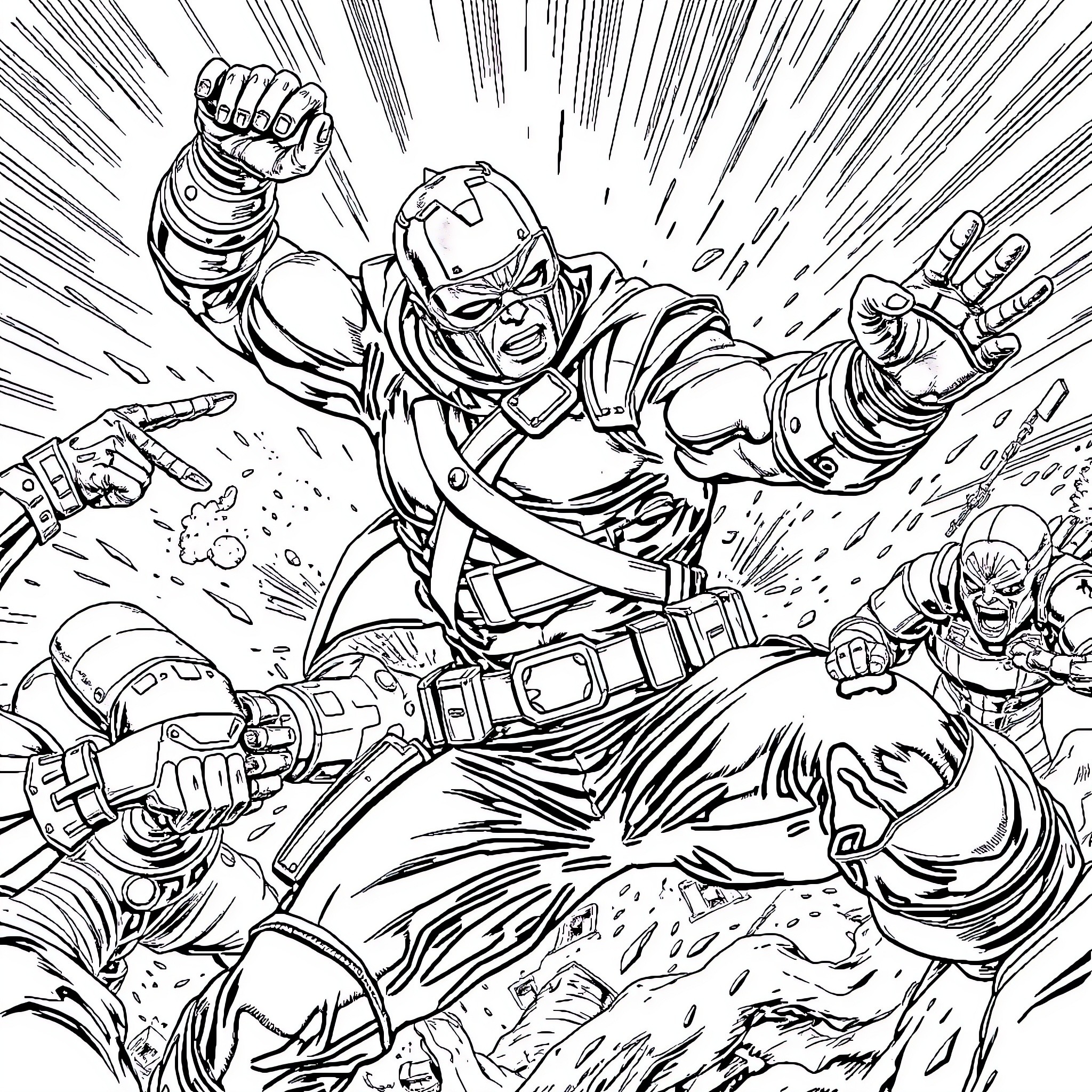 Winter Soldier Battles Foes in Intense Action Sequence Coloring Page (free black-and-white line drawing printable PDF for all, from beginners to advanced learners, including children, teens, adults, and seniors)