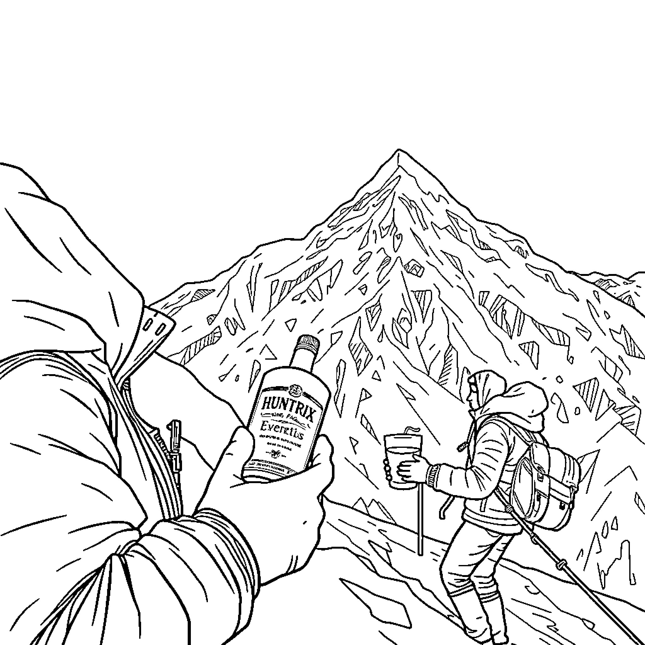 Rum adventure in the rugged mountains Coloring Page (free black-and-white line drawing printable PDF for all, from beginners to advanced learners, including children, teens, adults, and seniors)