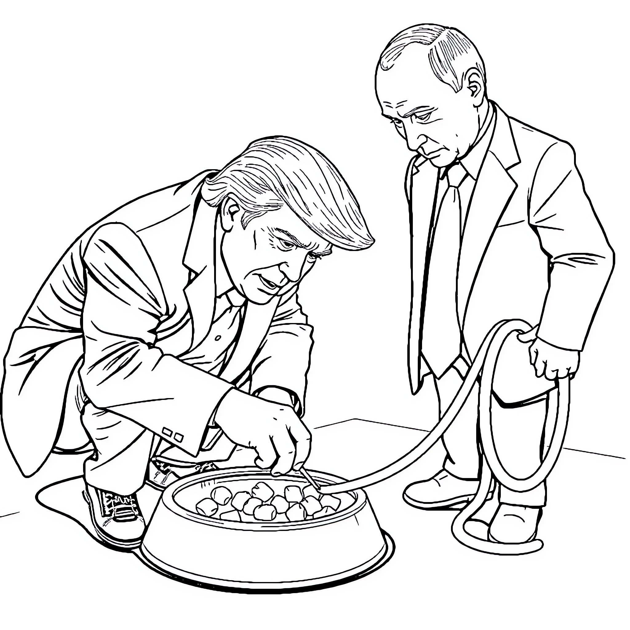 Donald Trump Preparing Food with an Associate Coloring Page (free black-and-white line drawing printable PDF for all, from beginners to advanced learners, including children, teens, adults, and seniors)
