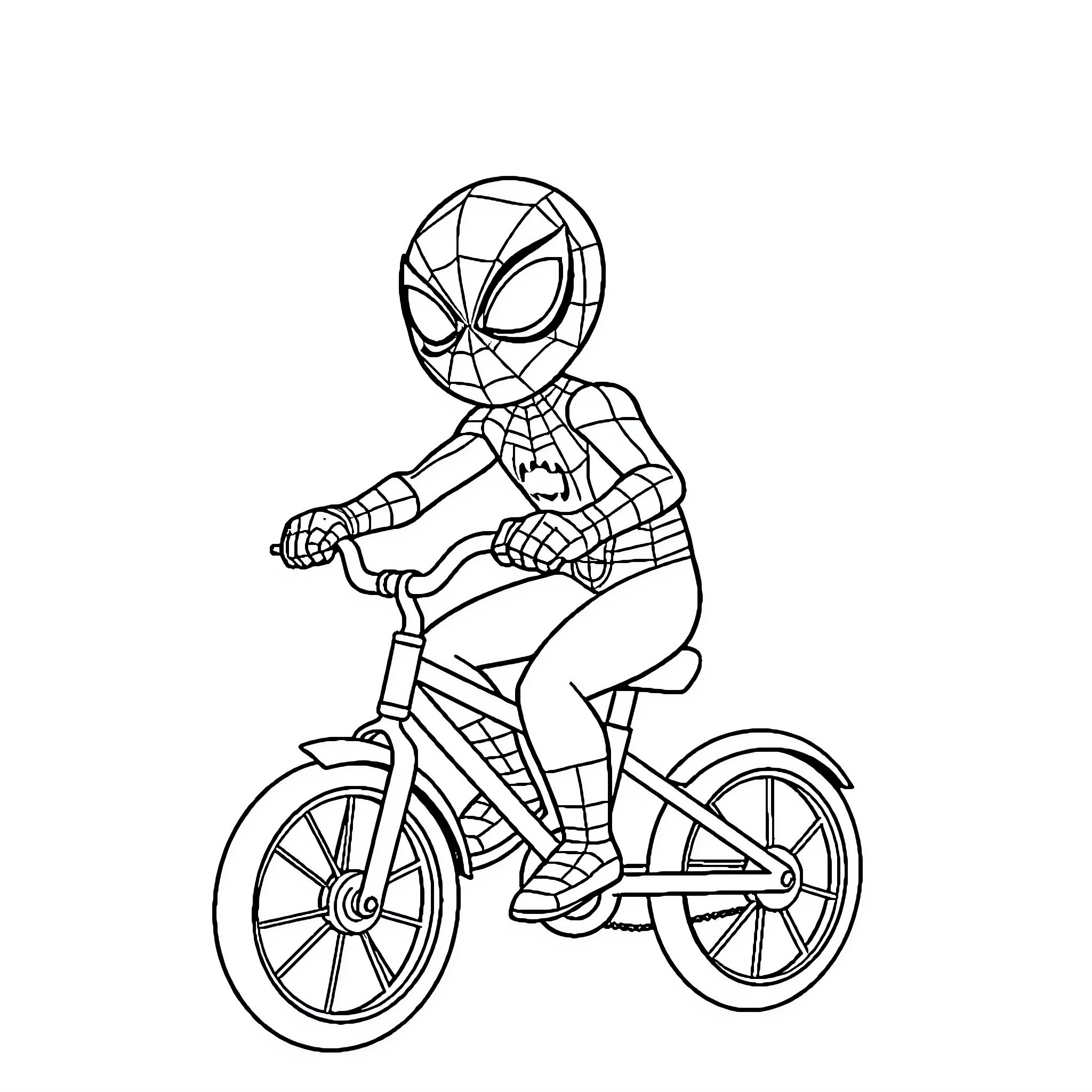 Spiderman riding a bicycle cheerfully Coloring Page (free black-and-white line drawing printable PDF for all, from beginners to advanced learners, including children, teens, adults, and seniors)