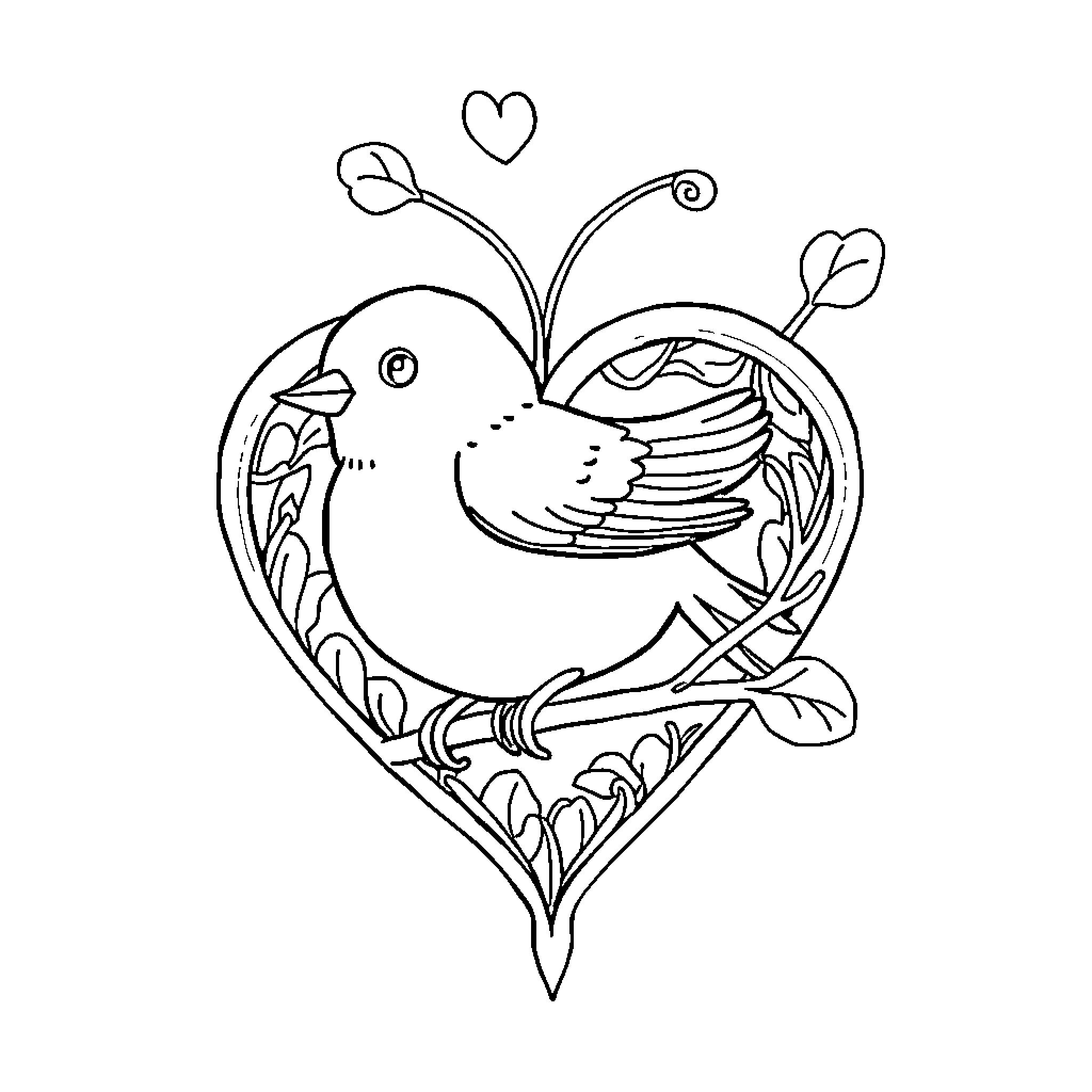 Bird perched in decorative heart Coloring Page (free black-and-white line drawing printable PDF for all, from beginners to advanced learners, including children, teens, adults, and seniors)