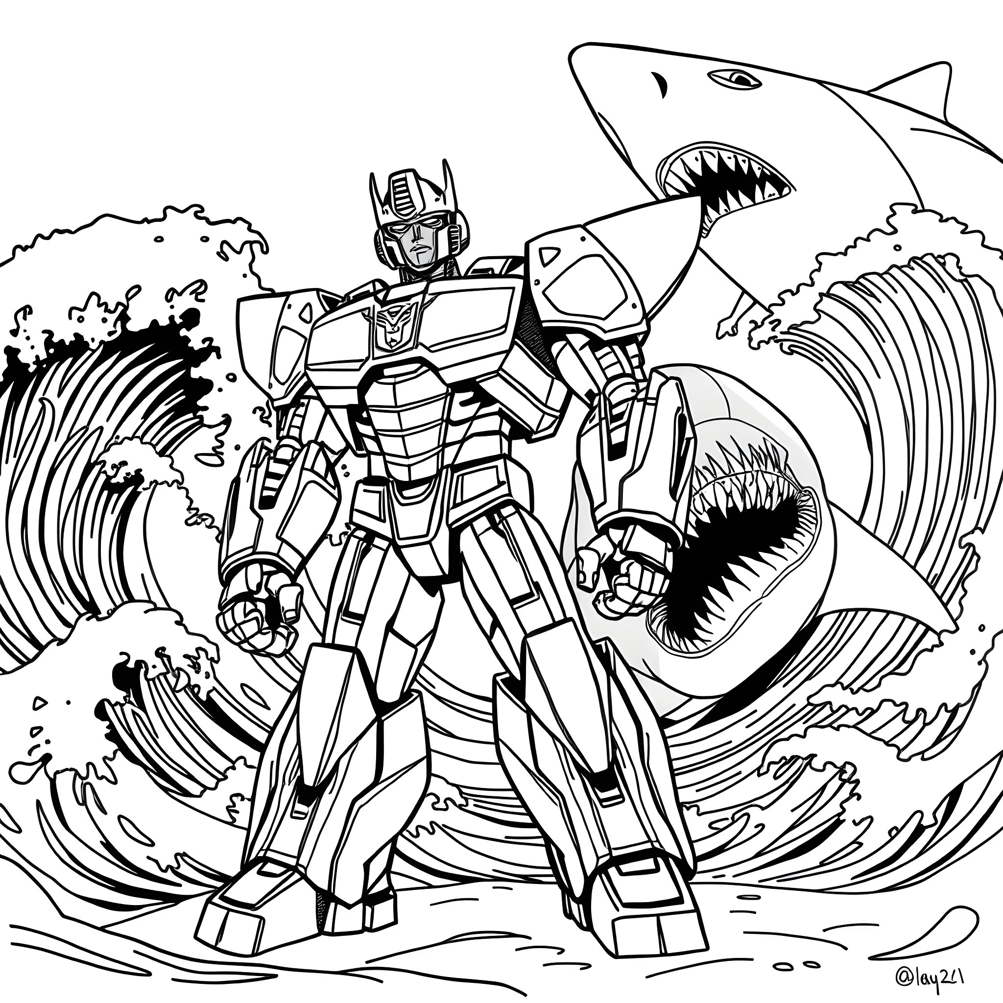 Bumblebee battles giant shark in stormy seas Coloring Page (free black-and-white line drawing printable PDF for all, from beginners to advanced learners, including children, teens, adults, and seniors)