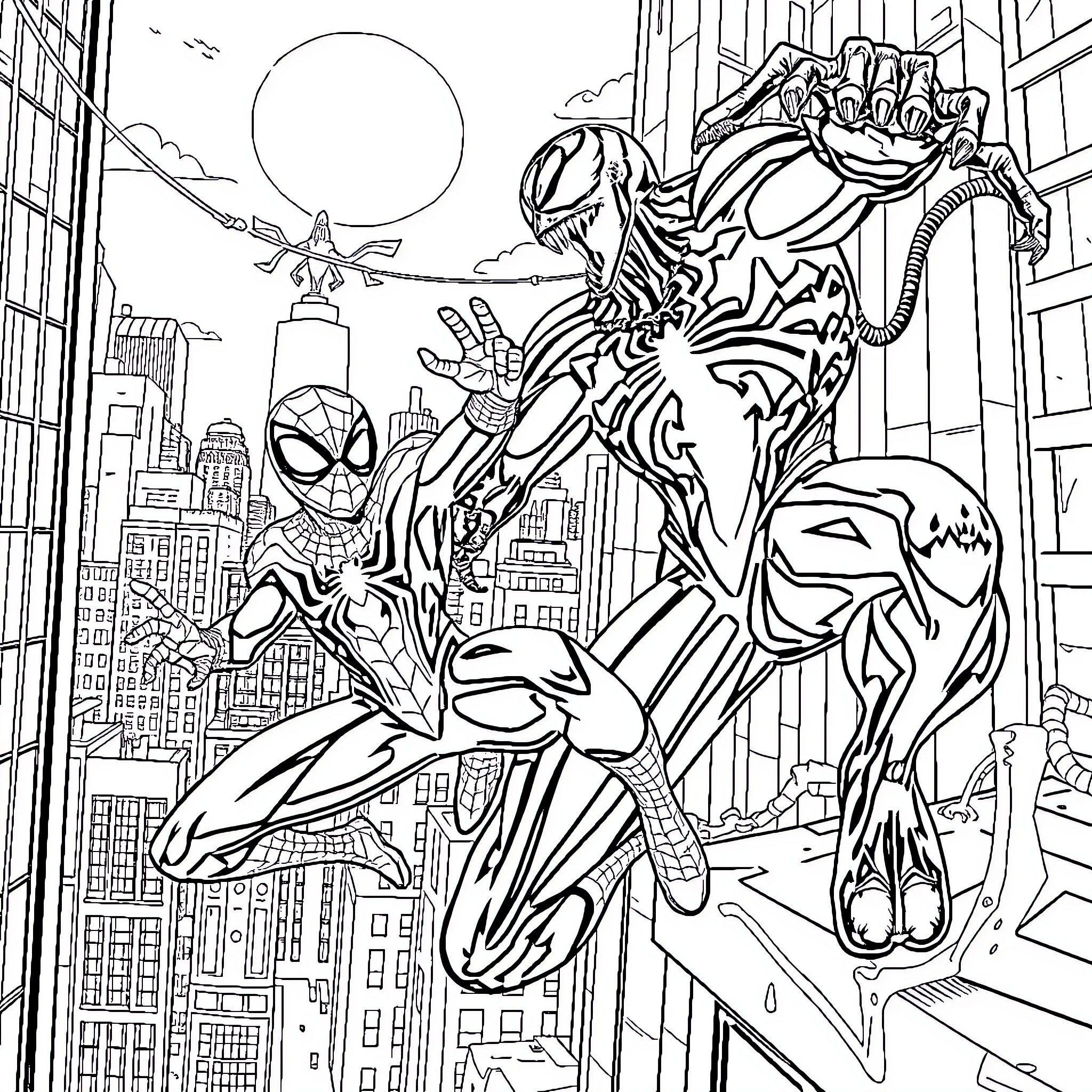 Spider-Man facing a monstrous foe in the city Coloring Page (free black-and-white line drawing printable PDF for all, from beginners to advanced learners, including children, teens, adults, and seniors)