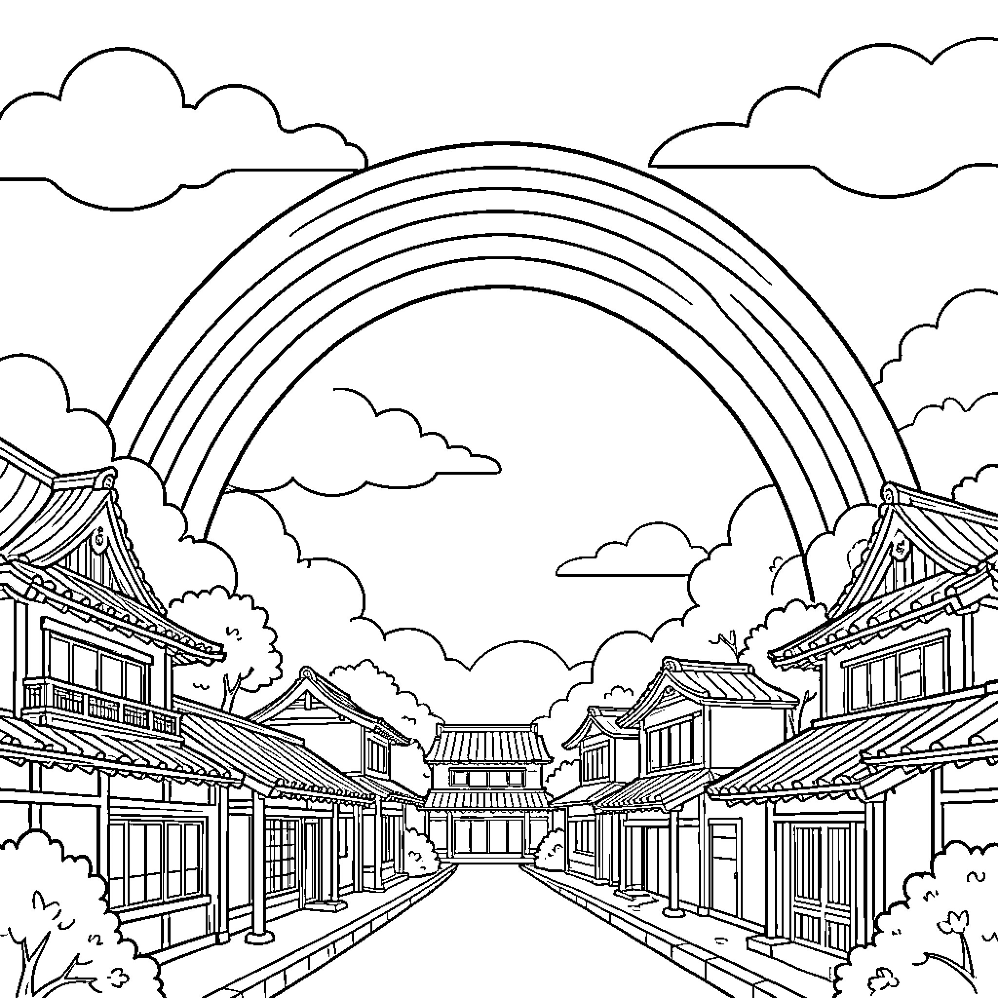 Rainbow arching over a peaceful traditional village street Coloring Page (free black-and-white line drawing printable PDF for all, from beginners to advanced learners, including children, teens, adults, and seniors)