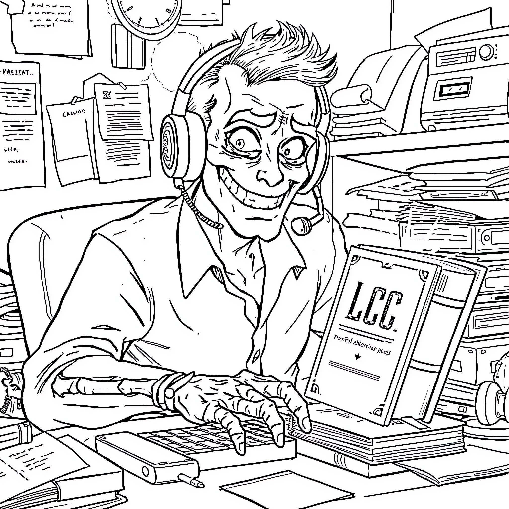 Customer Service Agent Assisting with Enthusiasm Coloring Page (free black-and-white line drawing printable PDF for all, from beginners to advanced learners, including children, teens, adults, and seniors)