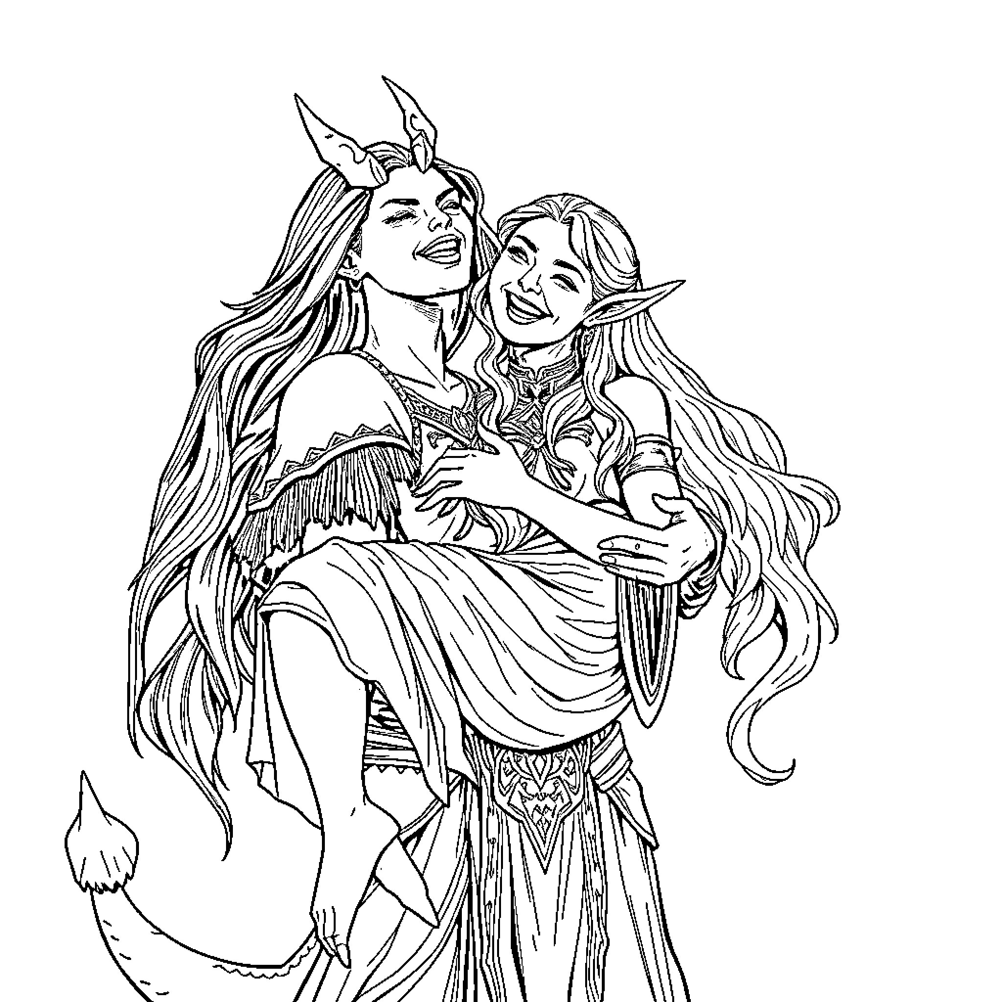 Dragonborn Elves in Regal Embrace Coloring Page (free black-and-white line drawing printable PDF for all, from beginners to advanced learners, including children, teens, adults, and seniors)
