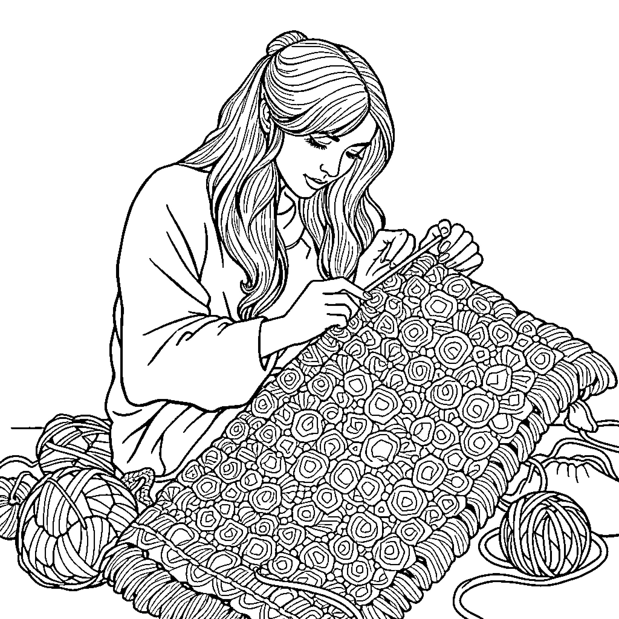 Woman crocheting a patterned blanket Coloring Page (free black-and-white line drawing printable PDF for all, from beginners to advanced learners, including children, teens, adults, and seniors)