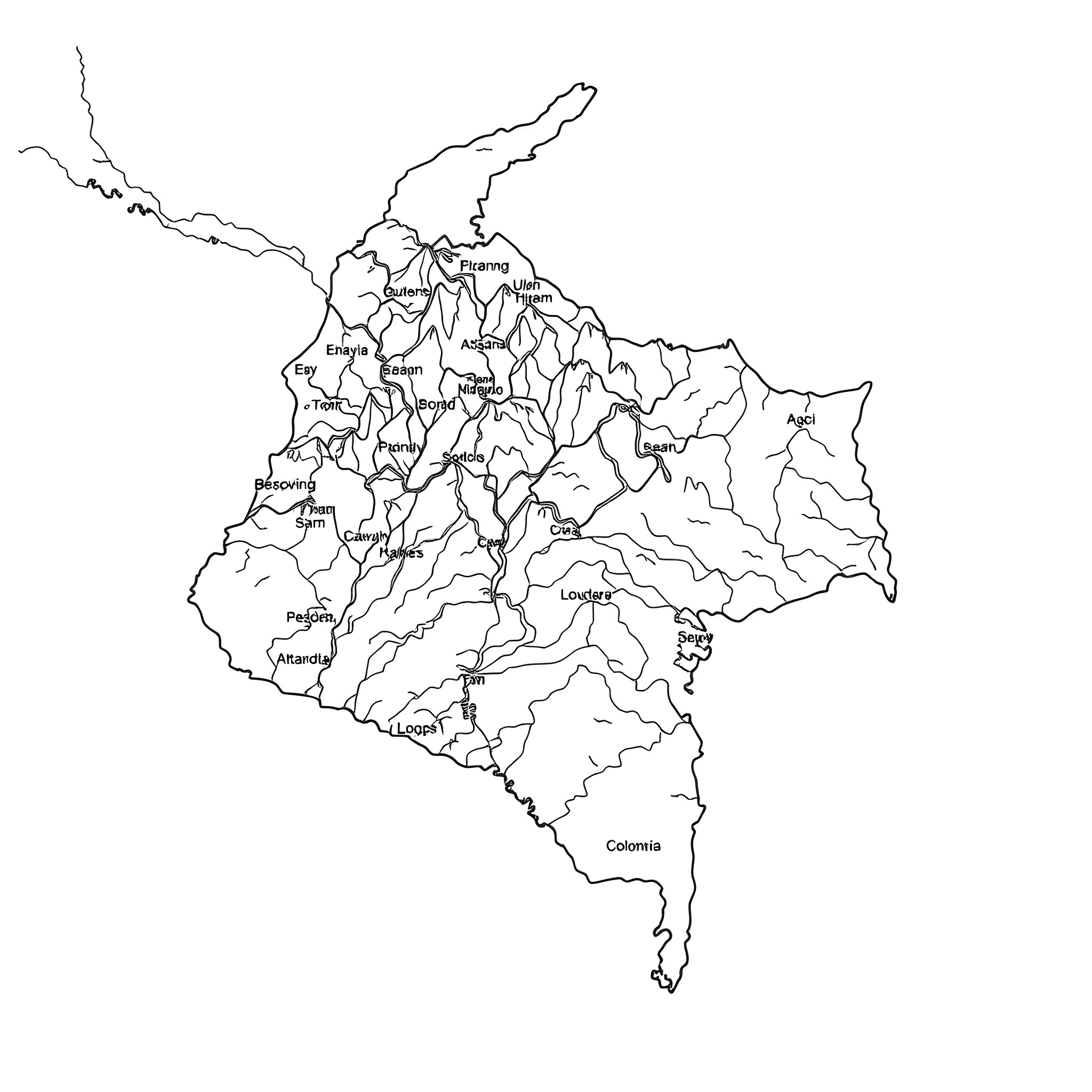 Colombia's geographical regions and departments Coloring Page (free black-and-white line drawing printable PDF for all, from beginners to advanced learners, including children, teens, adults, and seniors)