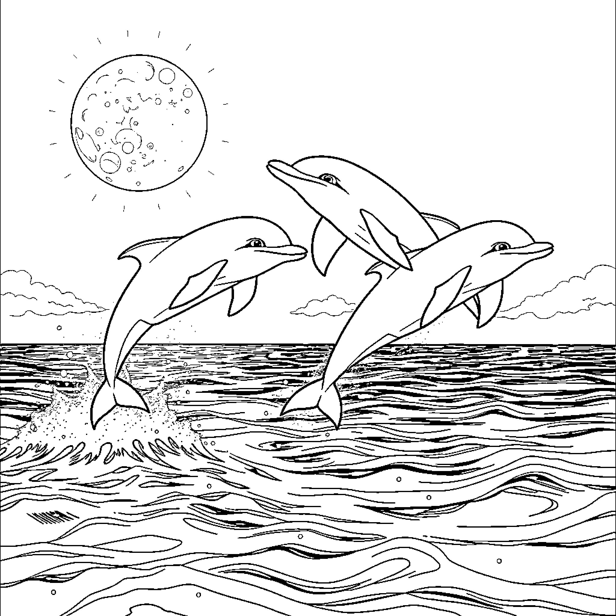 Dolphin Trio Leaping Joyfully in the Ocean Coloring Page (free black-and-white line drawing printable PDF for all, from beginners to advanced learners, including children, teens, adults, and seniors)