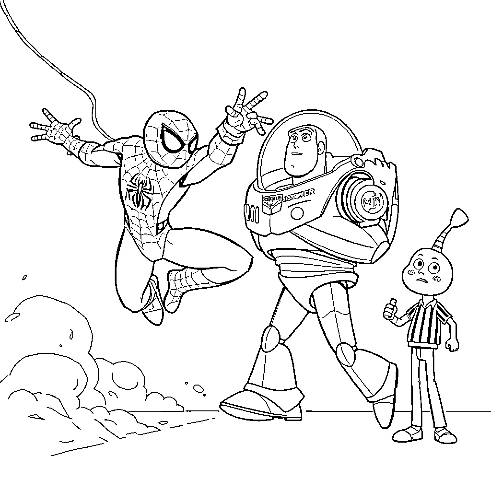 Spiderman and Toy Story Heroes in Action Coloring Page (free black-and-white line drawing printable PDF for all, from beginners to advanced learners, including children, teens, adults, and seniors)