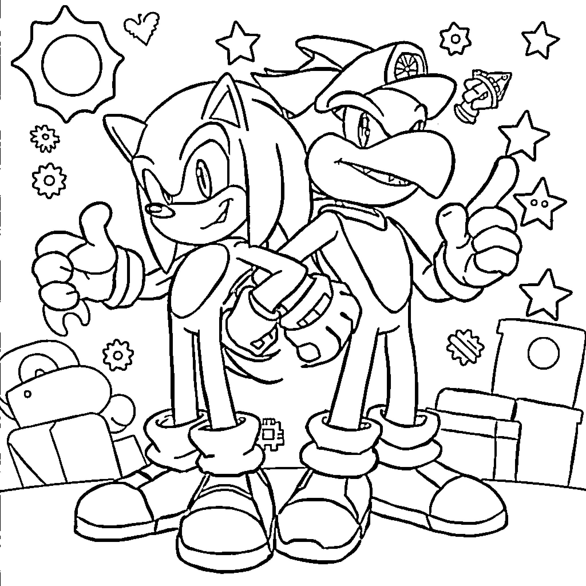 Sonic Enjoying a Playful Adventure Coloring Page (free black-and-white line drawing printable PDF for all, from beginners to advanced learners, including children, teens, adults, and seniors)