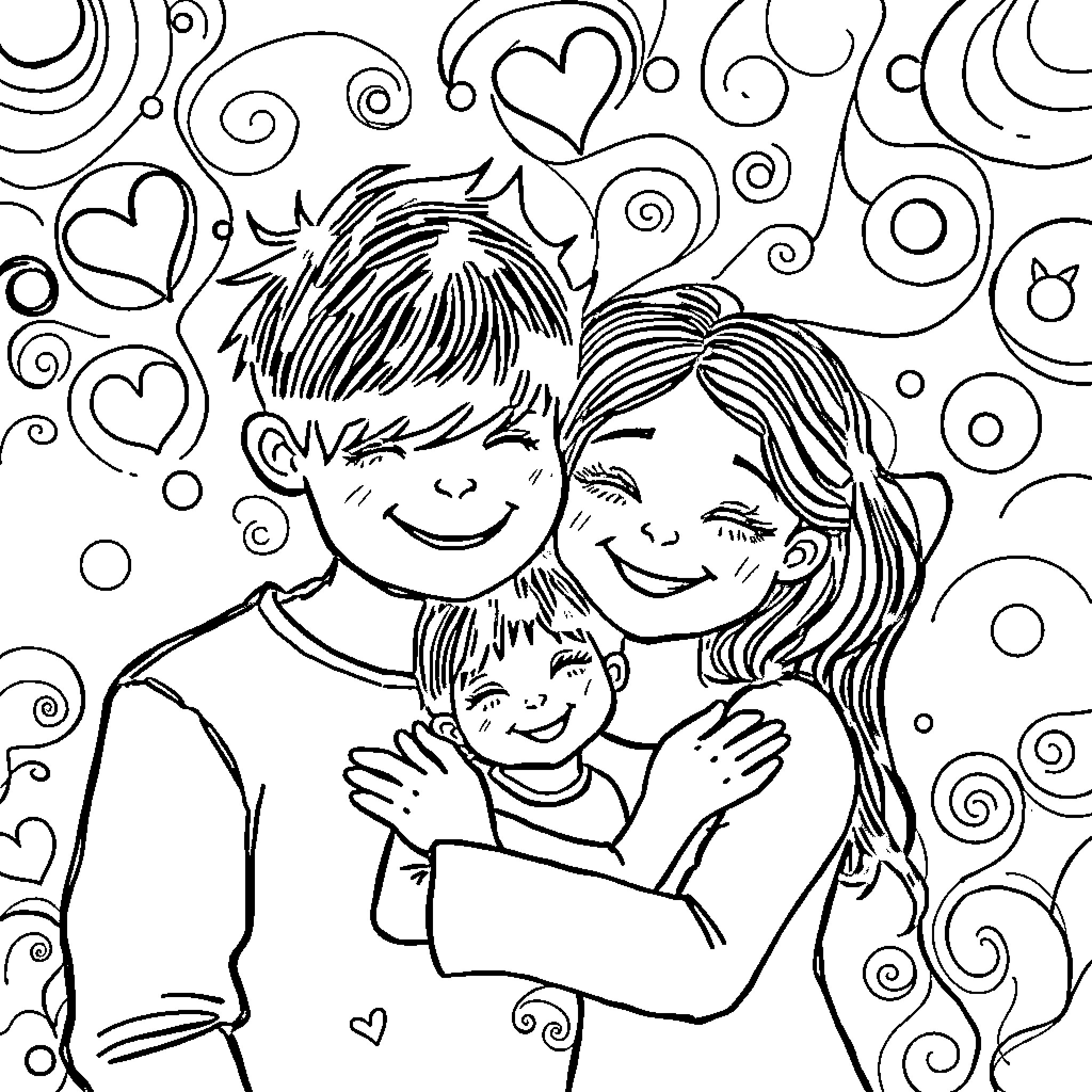 Family enjoying a playful and affectionate moment Coloring Page (free black-and-white line drawing printable PDF for all, from beginners to advanced learners, including children, teens, adults, and seniors)