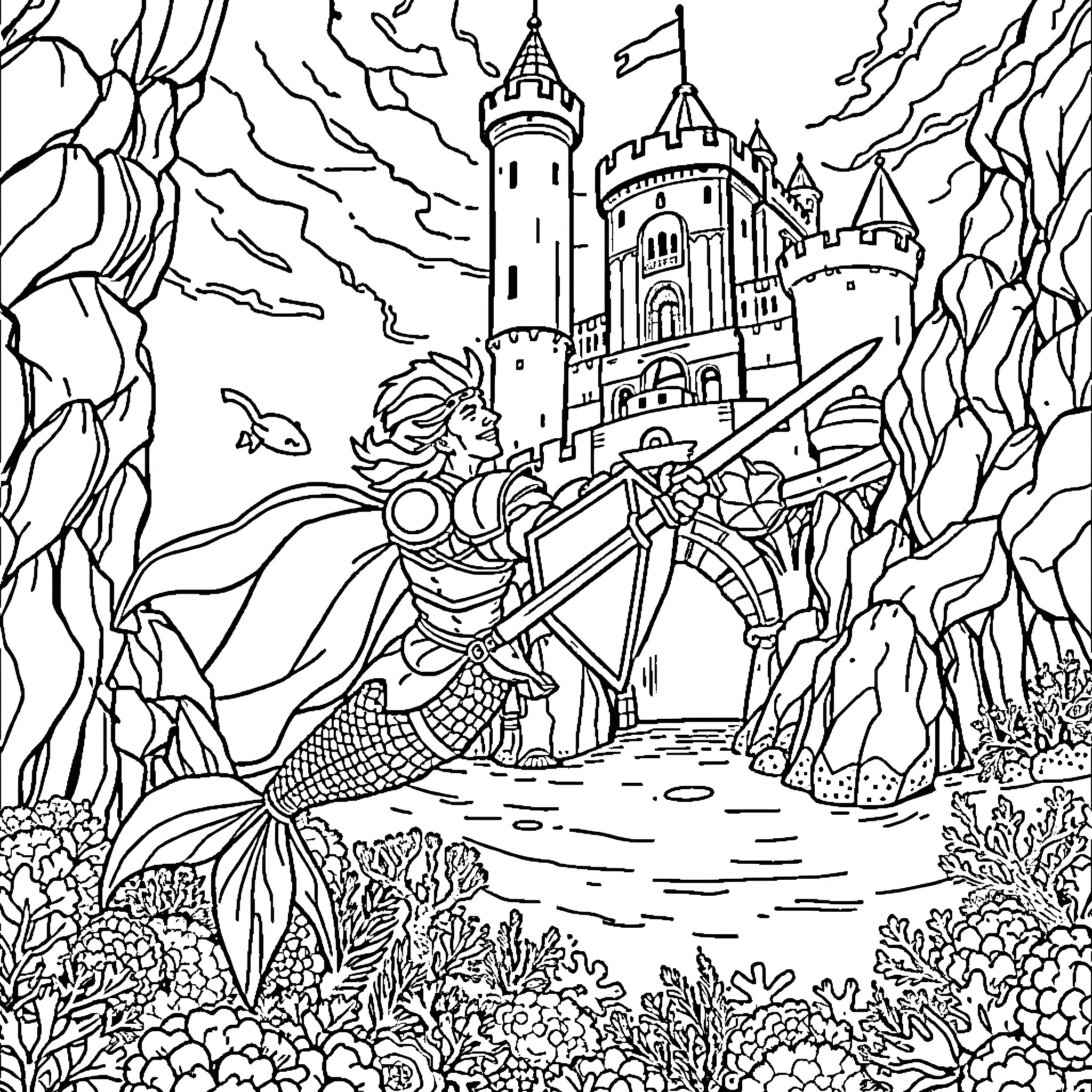 Merman exploring the wondrous underwater castle Coloring Page (free black-and-white line drawing printable PDF for all, from beginners to advanced learners, including children, teens, adults, and seniors)