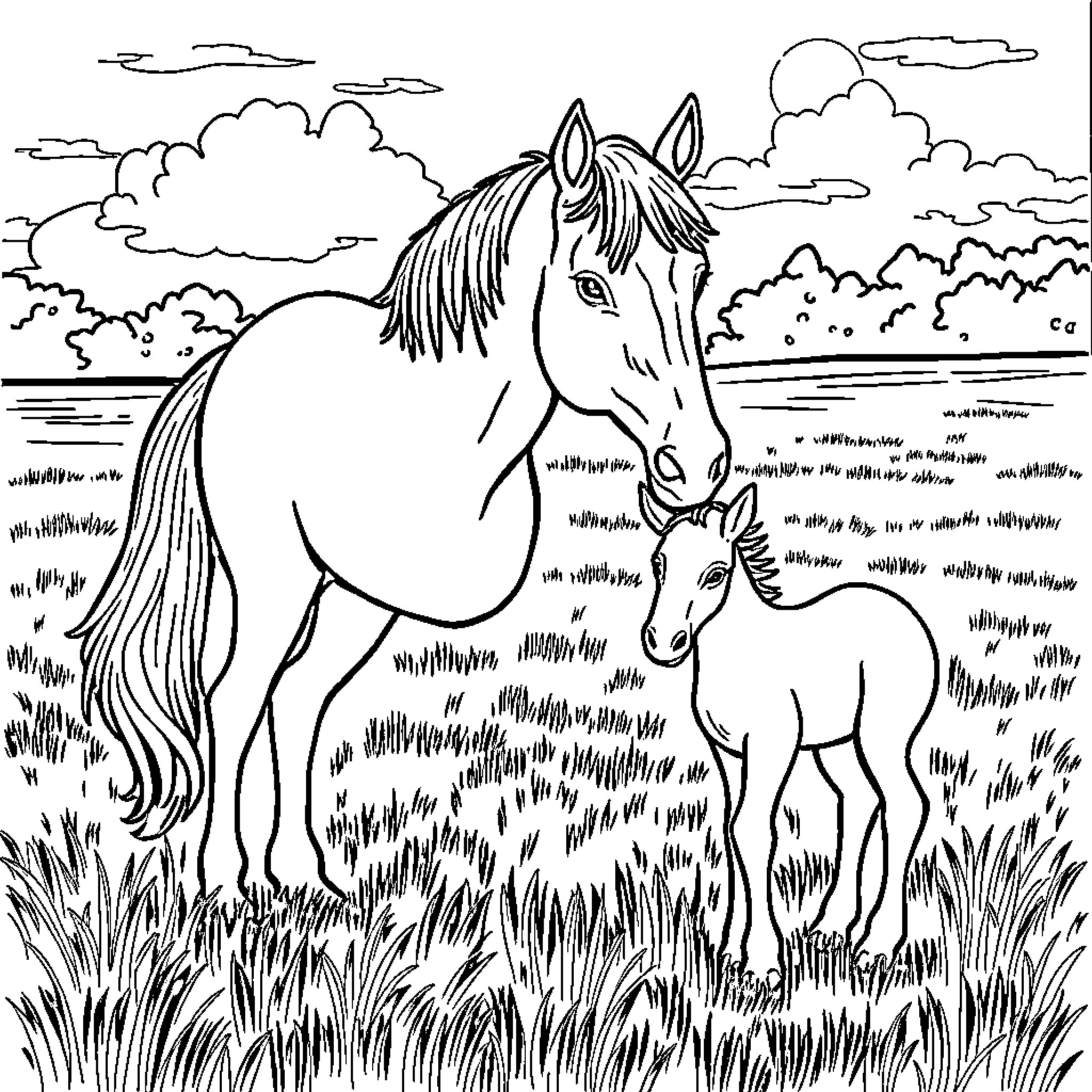 Horse and Foal in Grassy Field Coloring Page (free black-and-white line drawing printable PDF for all, from beginners to advanced learners, including children, teens, adults, and seniors)