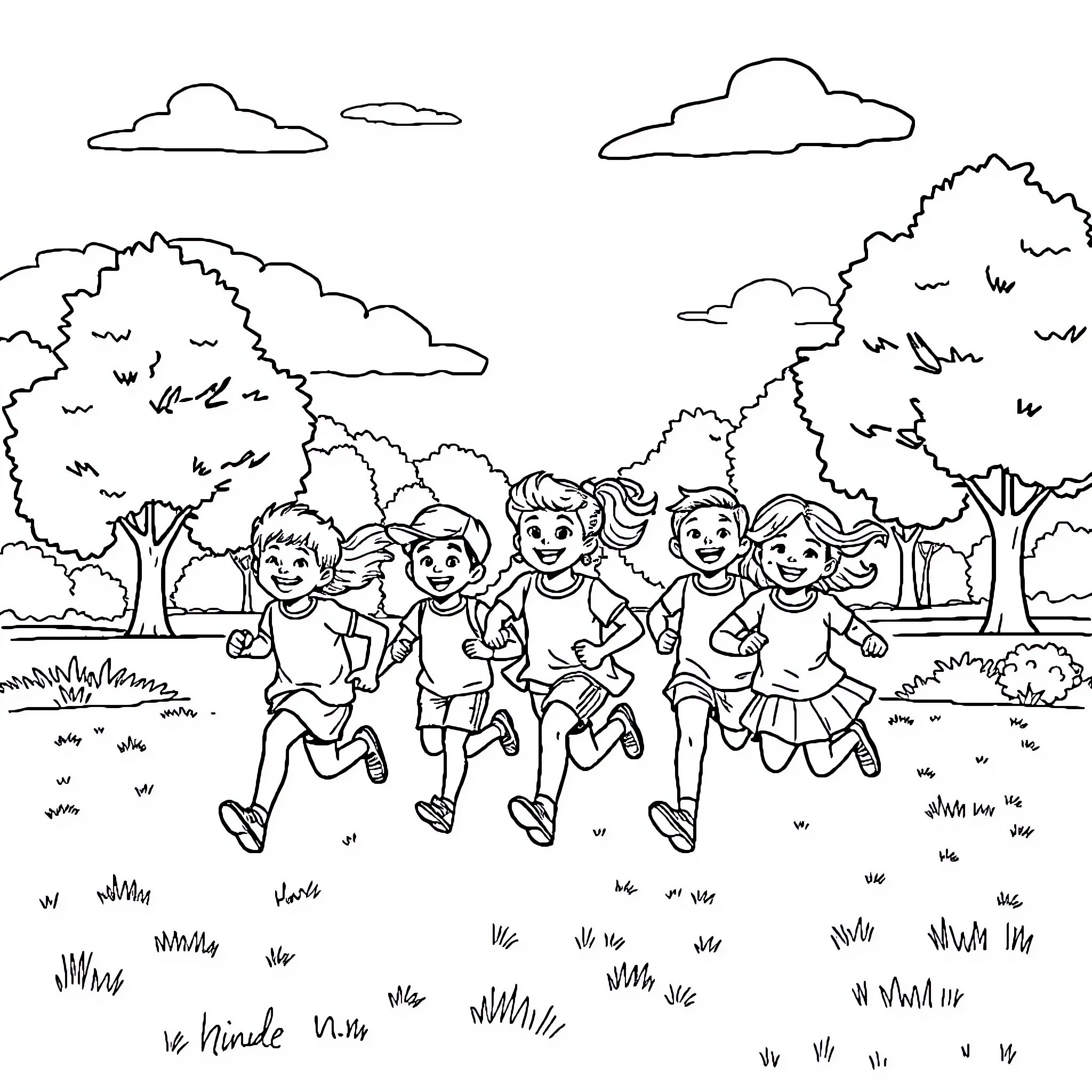 Kid friends happily running in the park Coloring Page (free black-and-white line drawing printable PDF for all, from beginners to advanced learners, including children, teens, adults, and seniors)