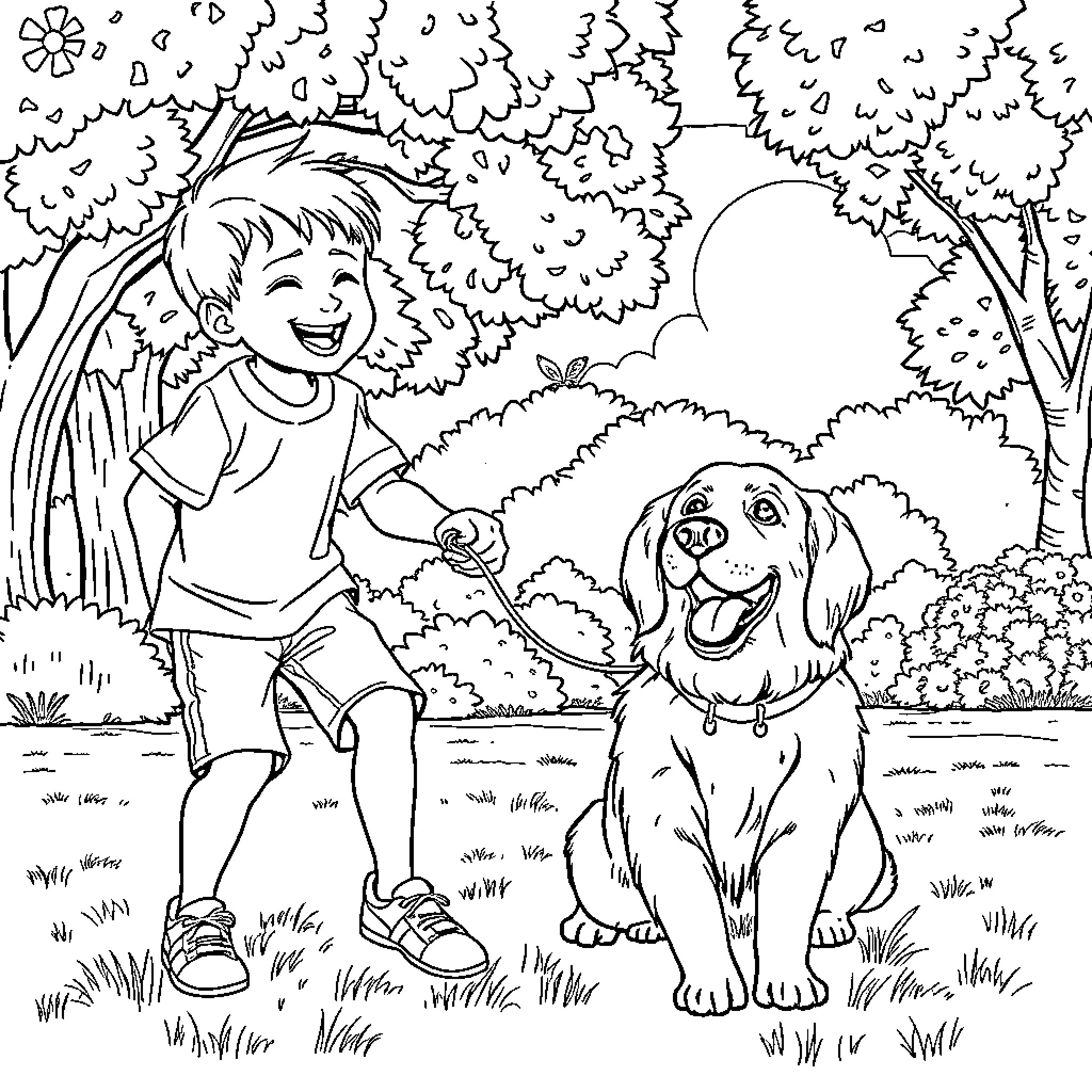 Boy and his loyal dog exploring the forest Coloring Page (free black-and-white line drawing printable PDF for all, from beginners to advanced learners, including children, teens, adults, and seniors)