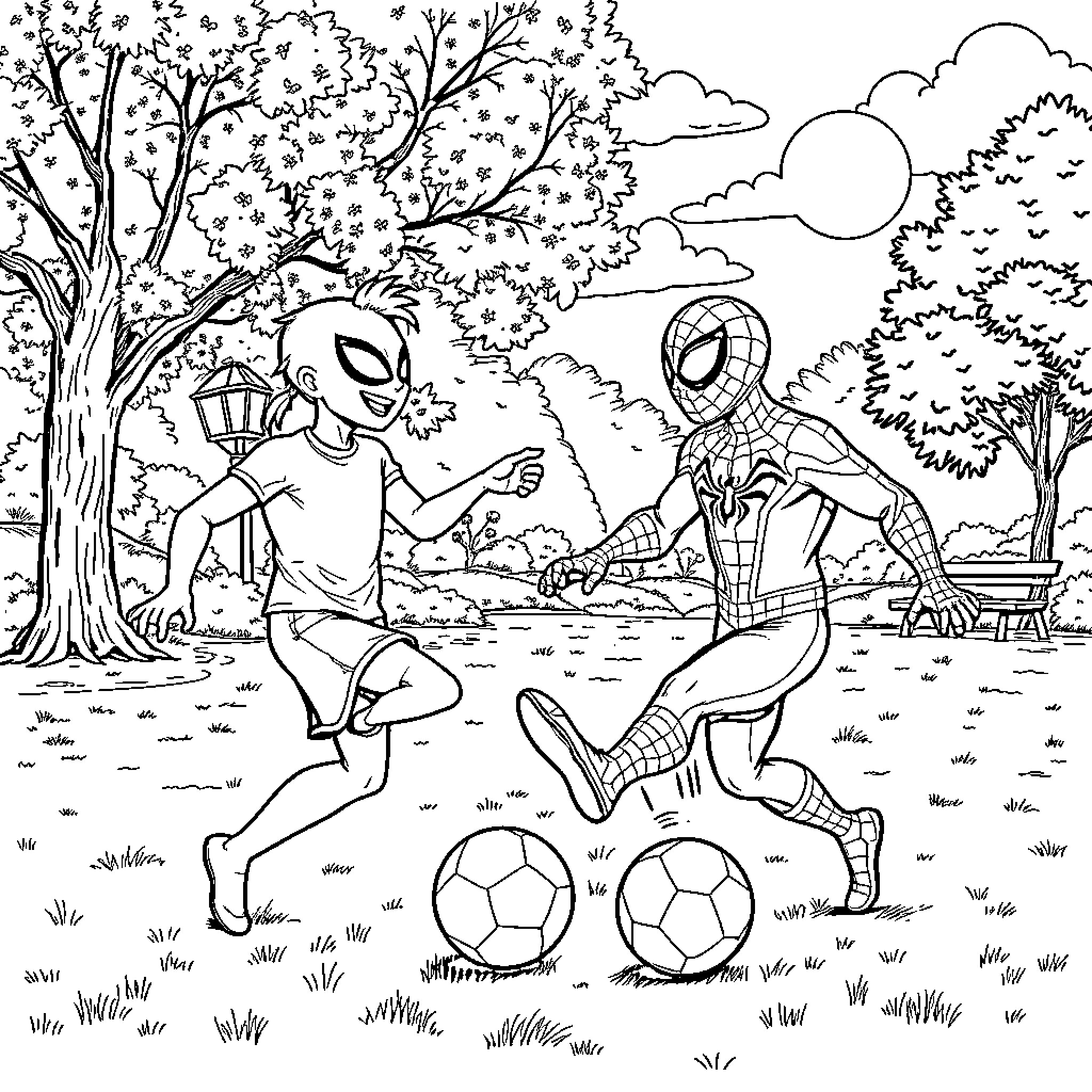 Bluey characters playing soccer in the park Coloring Page (free black-and-white line drawing printable PDF for all, from beginners to advanced learners, including children, teens, adults, and seniors)