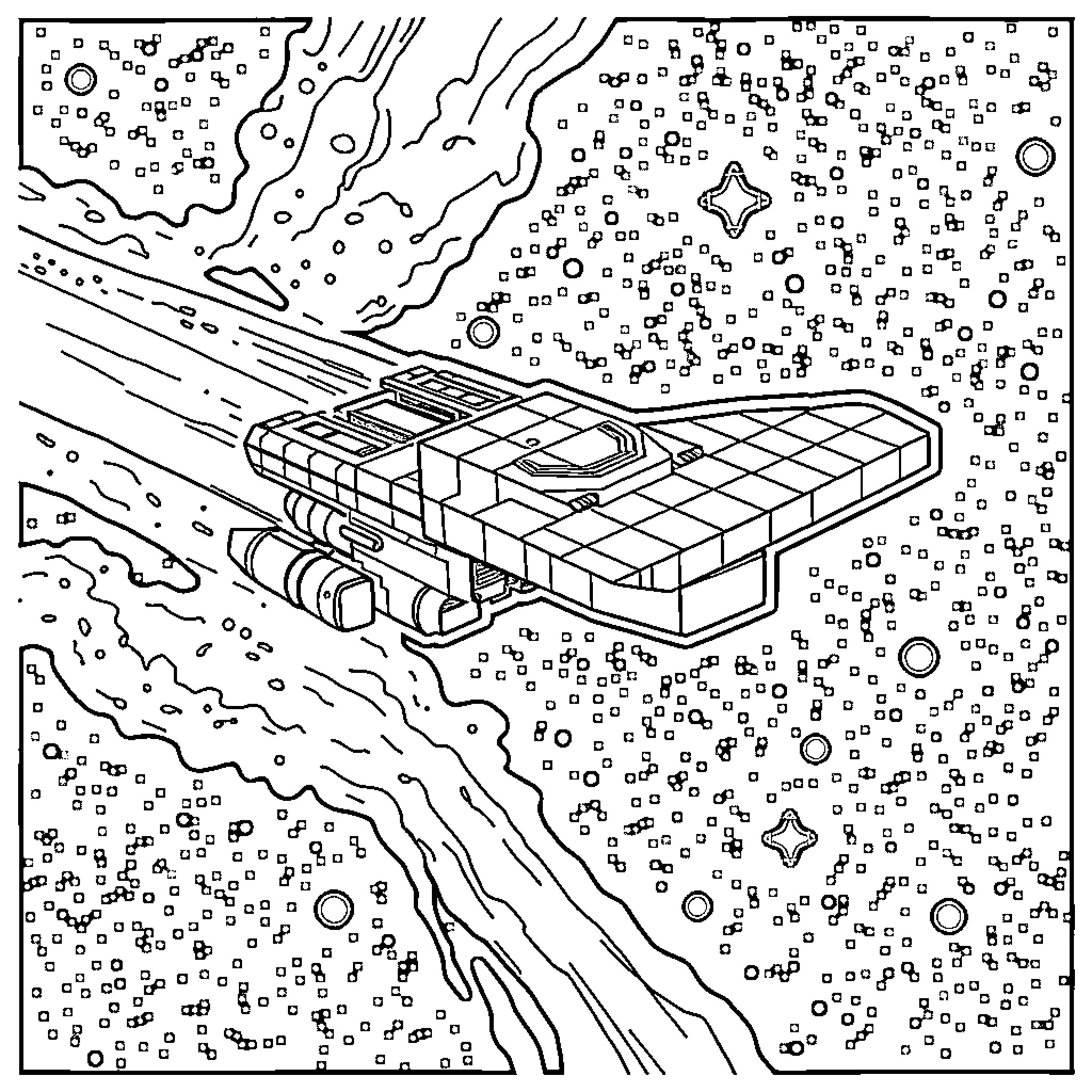 Starship navigating through cosmic landscape Coloring Page (free black-and-white line drawing printable PDF for all, from beginners to advanced learners, including children, teens, adults, and seniors)