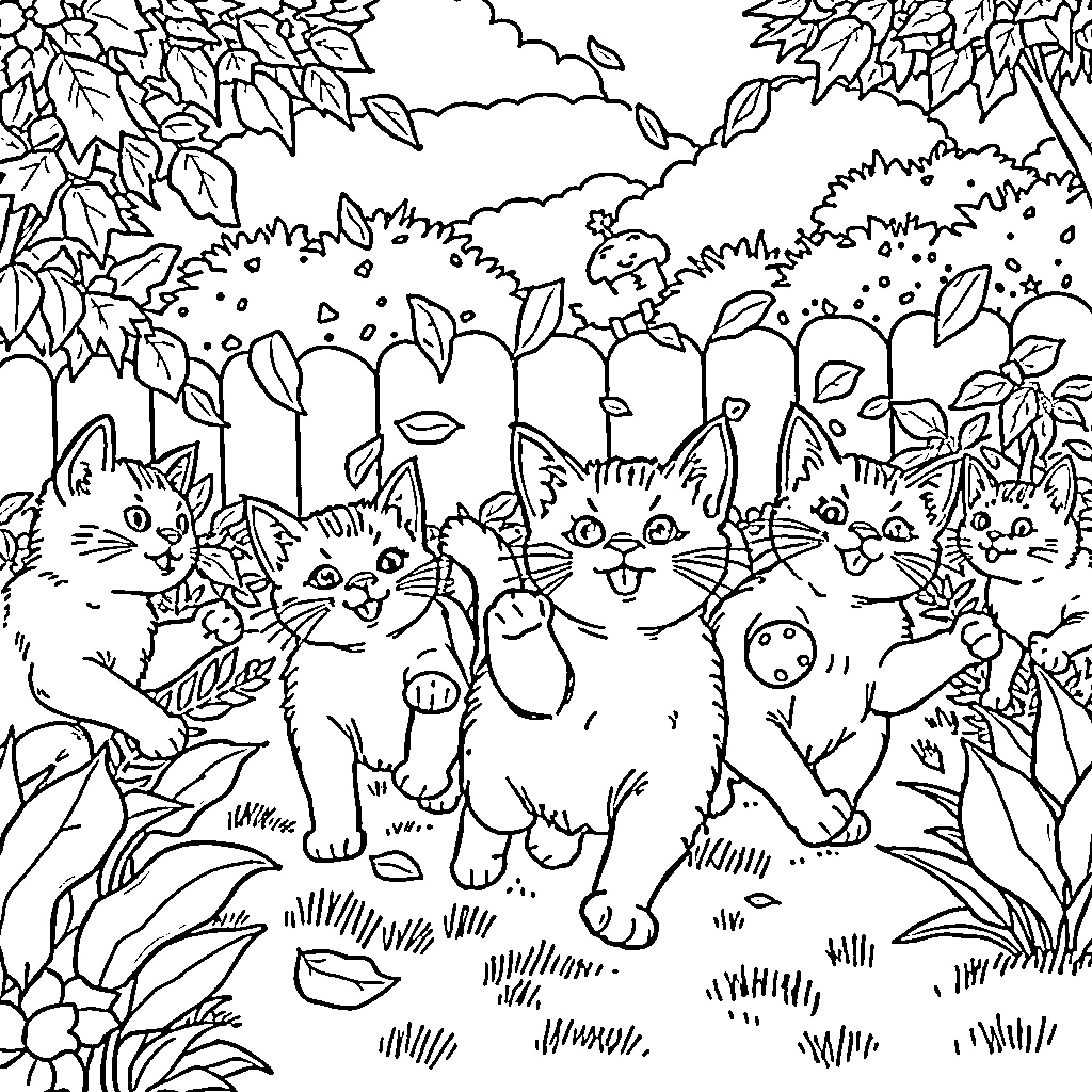 Cat Playtime in Lush Foliage Coloring Page (free black-and-white line drawing printable PDF for all, from beginners to advanced learners, including children, teens, adults, and seniors)