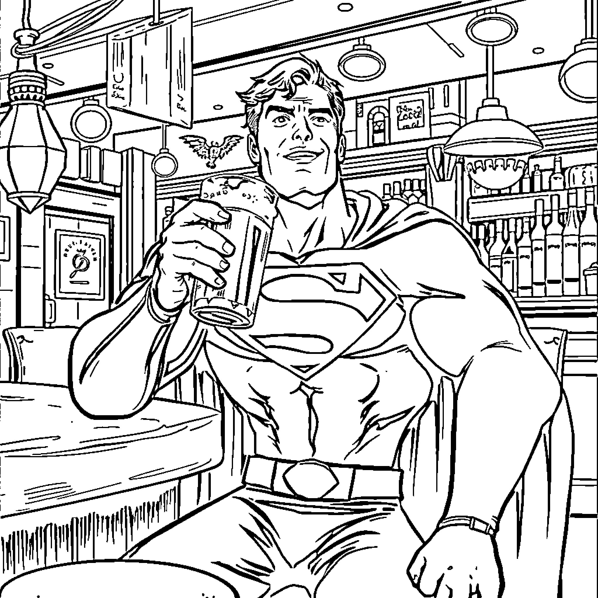 Superman in a Diner, Enjoying a Beverage Coloring Page (free black-and-white line drawing printable PDF for all, from beginners to advanced learners, including children, teens, adults, and seniors)