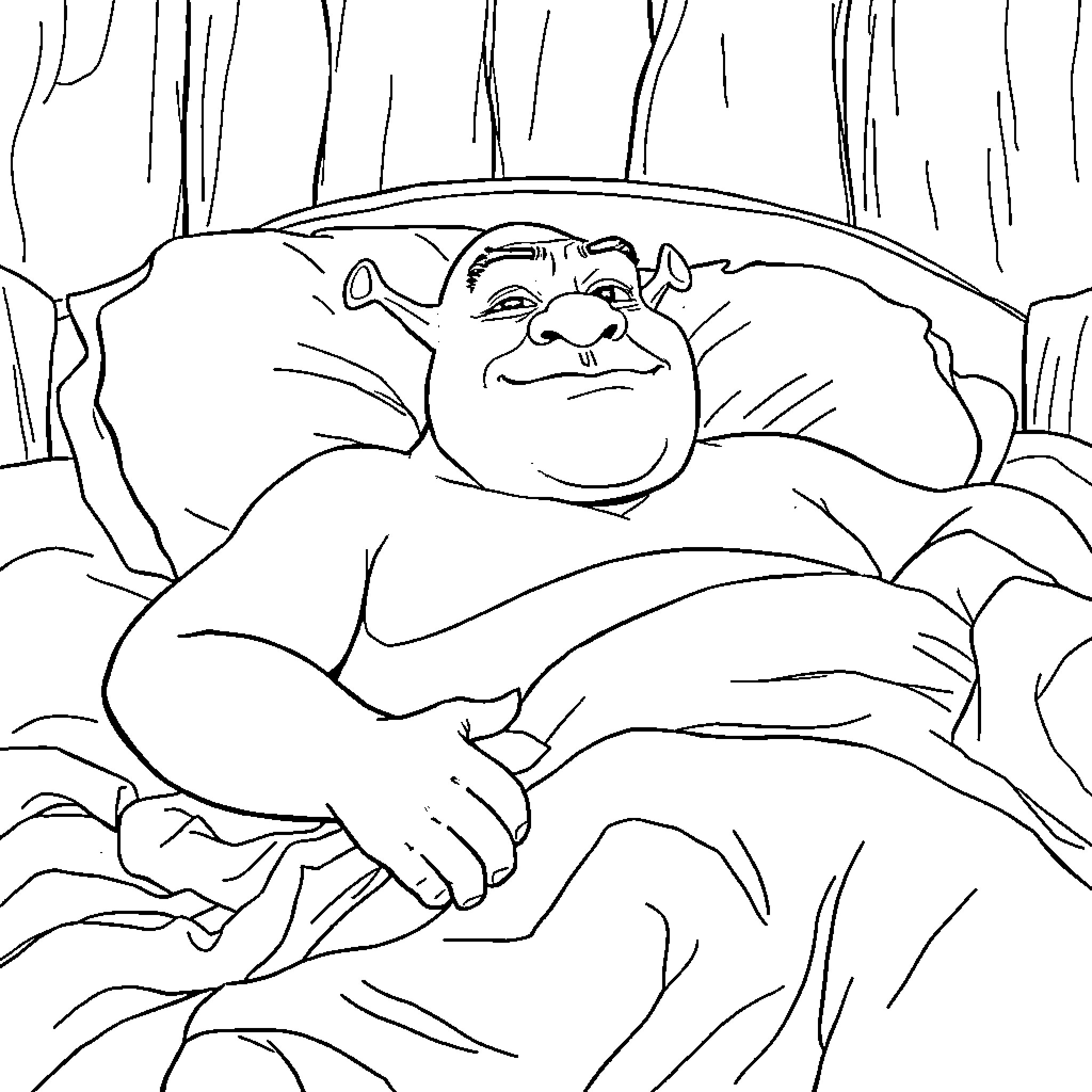 Shrek relaxing in the forest Coloring Page (free black-and-white line drawing printable PDF for all, from beginners to advanced learners, including children, teens, adults, and seniors)