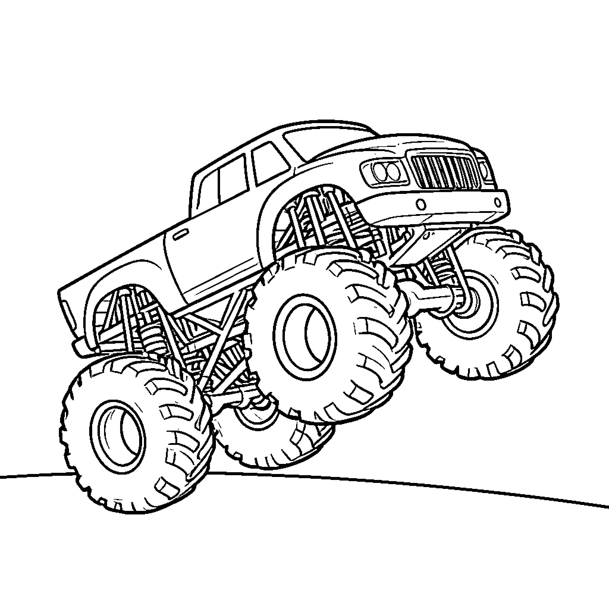 Monster Truck performing a jump on a hill Coloring Page (free black-and-white line drawing printable PDF for all, from beginners to advanced learners, including children, teens, adults, and seniors)