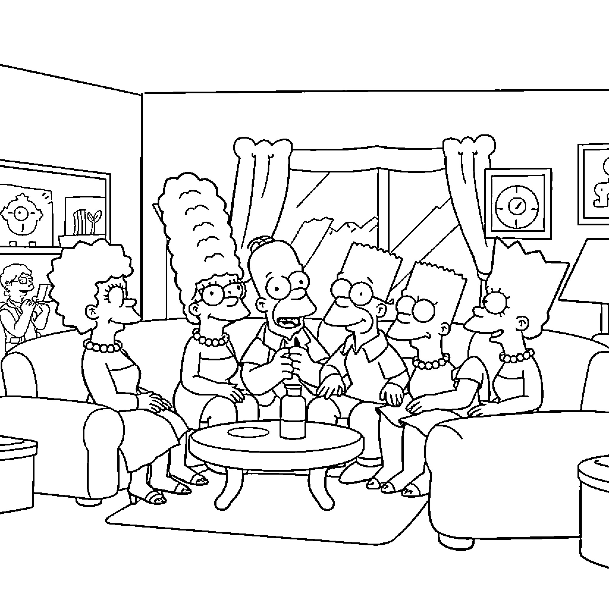 Simpsons family enjoying a casual gathering Coloring Page (free black-and-white line drawing printable PDF for all, from beginners to advanced learners, including children, teens, adults, and seniors)