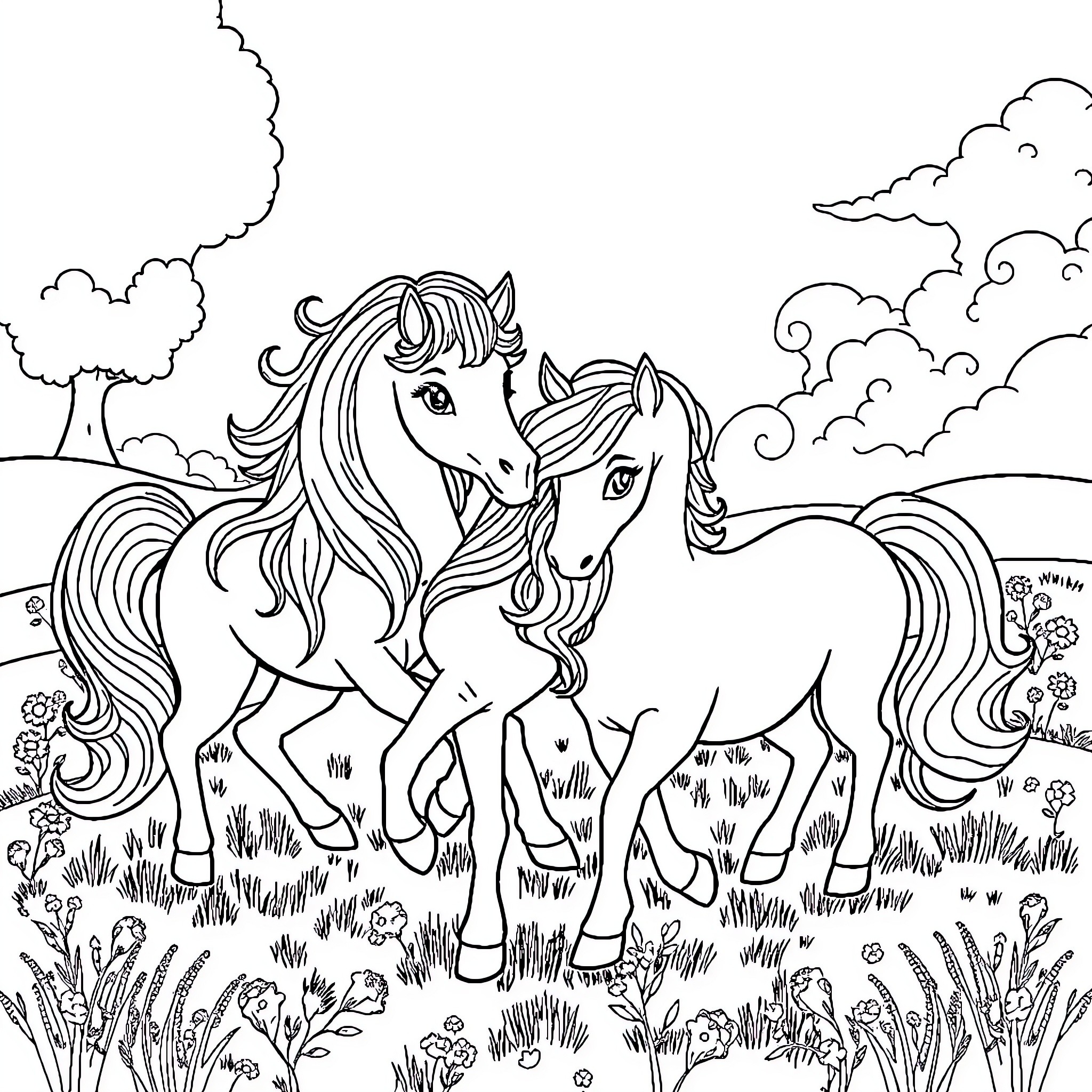 Pony friends frolicking in a grassy meadow Coloring Page (free black-and-white line drawing printable PDF for all, from beginners to advanced learners, including children, teens, adults, and seniors)