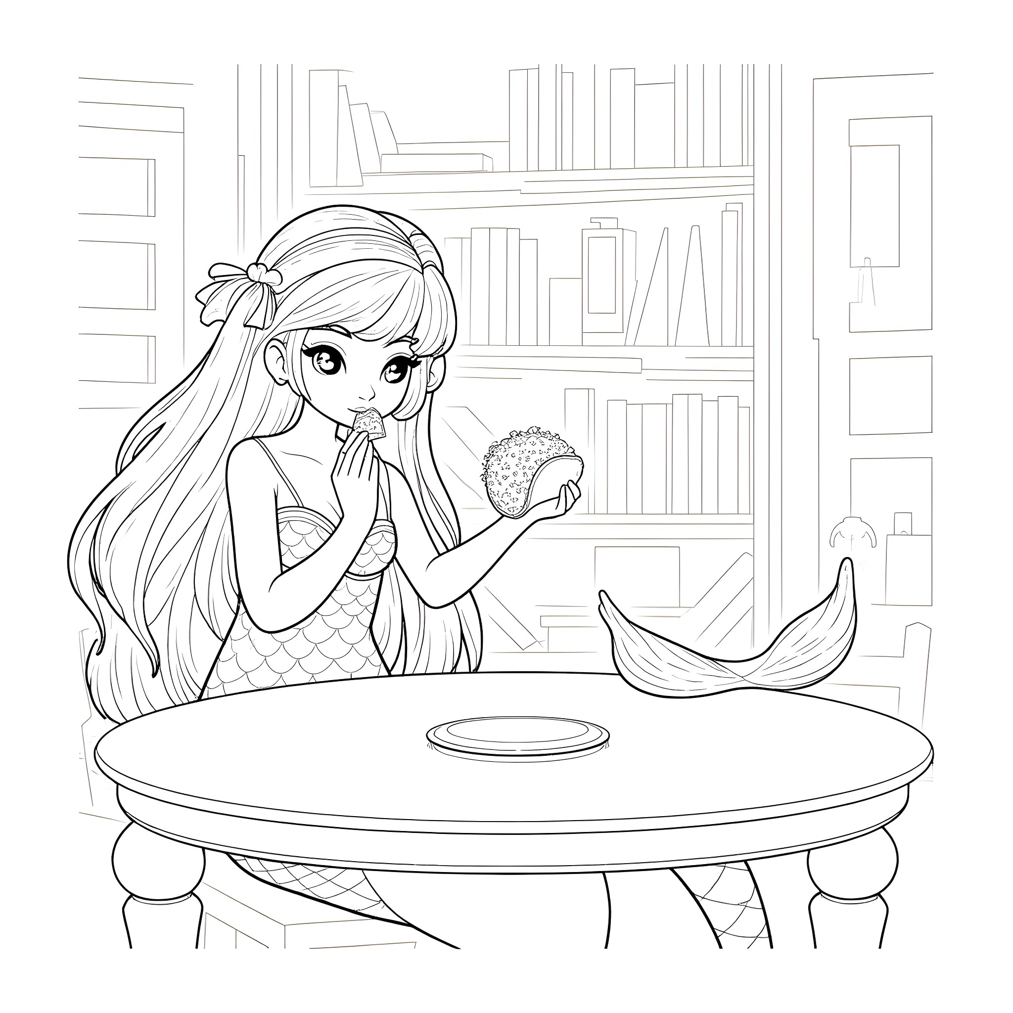 Mermaid girl contemplating in her home Coloring Page (free black-and-white line drawing printable PDF for all, from beginners to advanced learners, including children, teens, adults, and seniors)