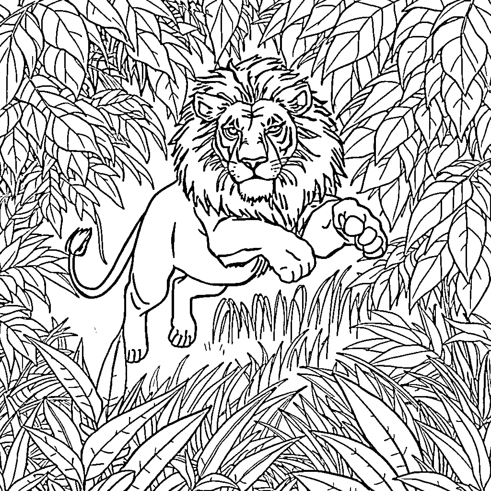 Lion resting amidst lush vegetation Coloring Page (free black-and-white line drawing printable PDF for all, from beginners to advanced learners, including children, teens, adults, and seniors)