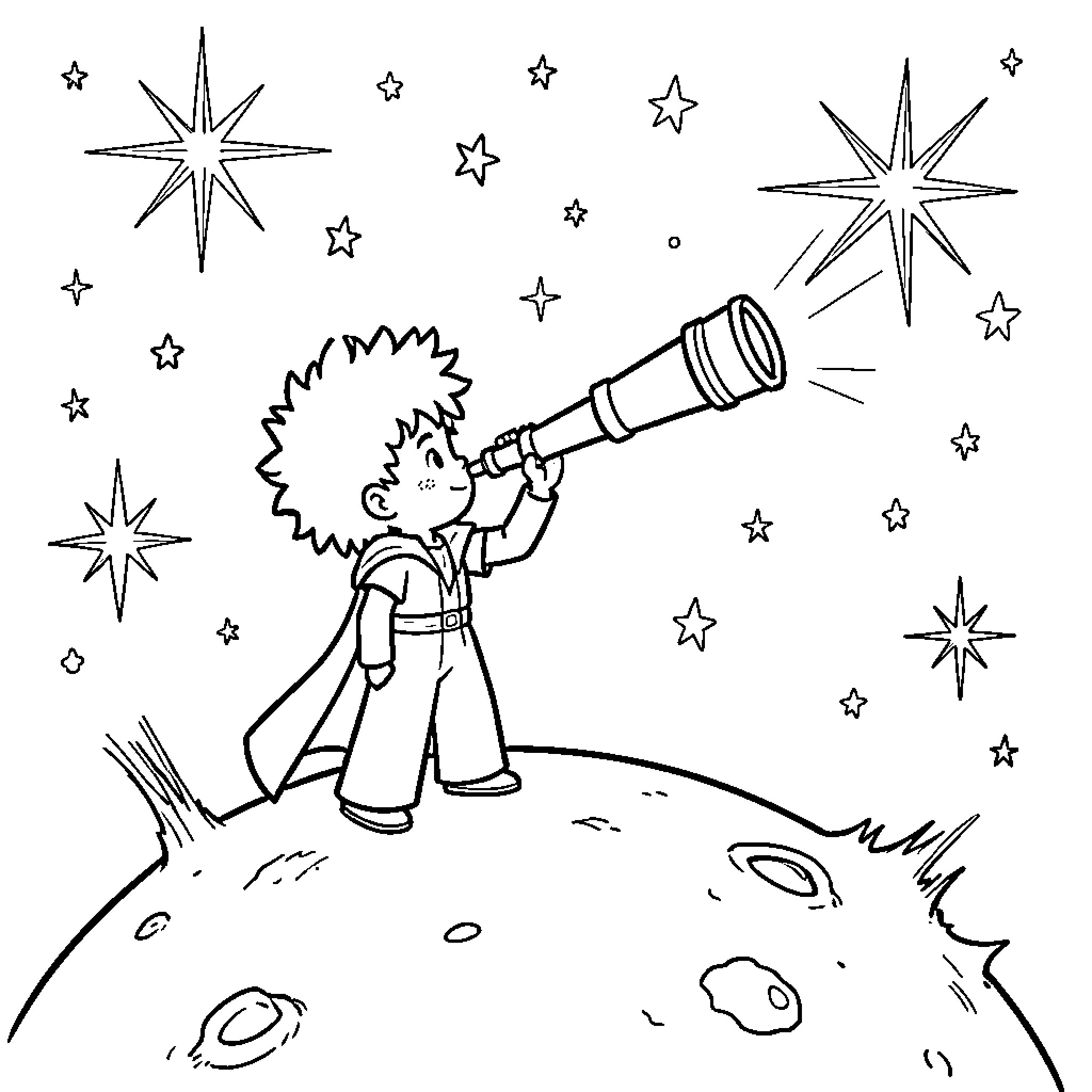 Little Prince Gazing at the Starry Sky Coloring Page (free black-and-white line drawing printable PDF for all, from beginners to advanced learners, including children, teens, adults, and seniors)