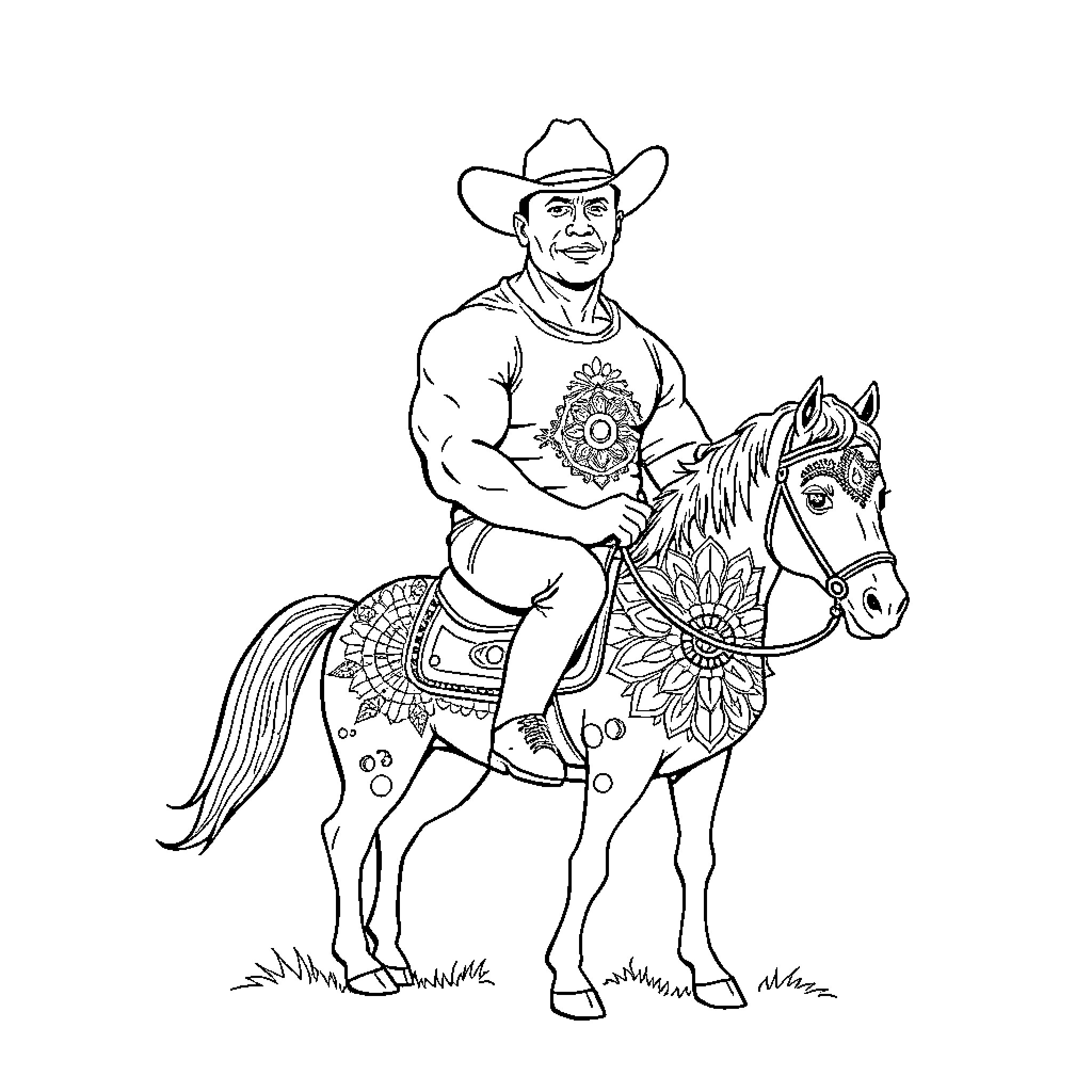 Dwayne Johnson as a cowboy riding a horse Coloring Page (free black-and-white line drawing printable PDF for all, from beginners to advanced learners, including children, teens, adults, and seniors)