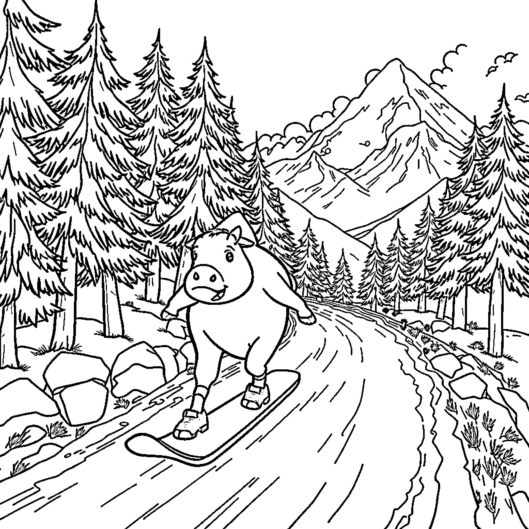 Vache skiing merrily through the winter landscape Coloring Page (free black-and-white line drawing printable PDF for all, from beginners to advanced learners, including children, teens, adults, and seniors)