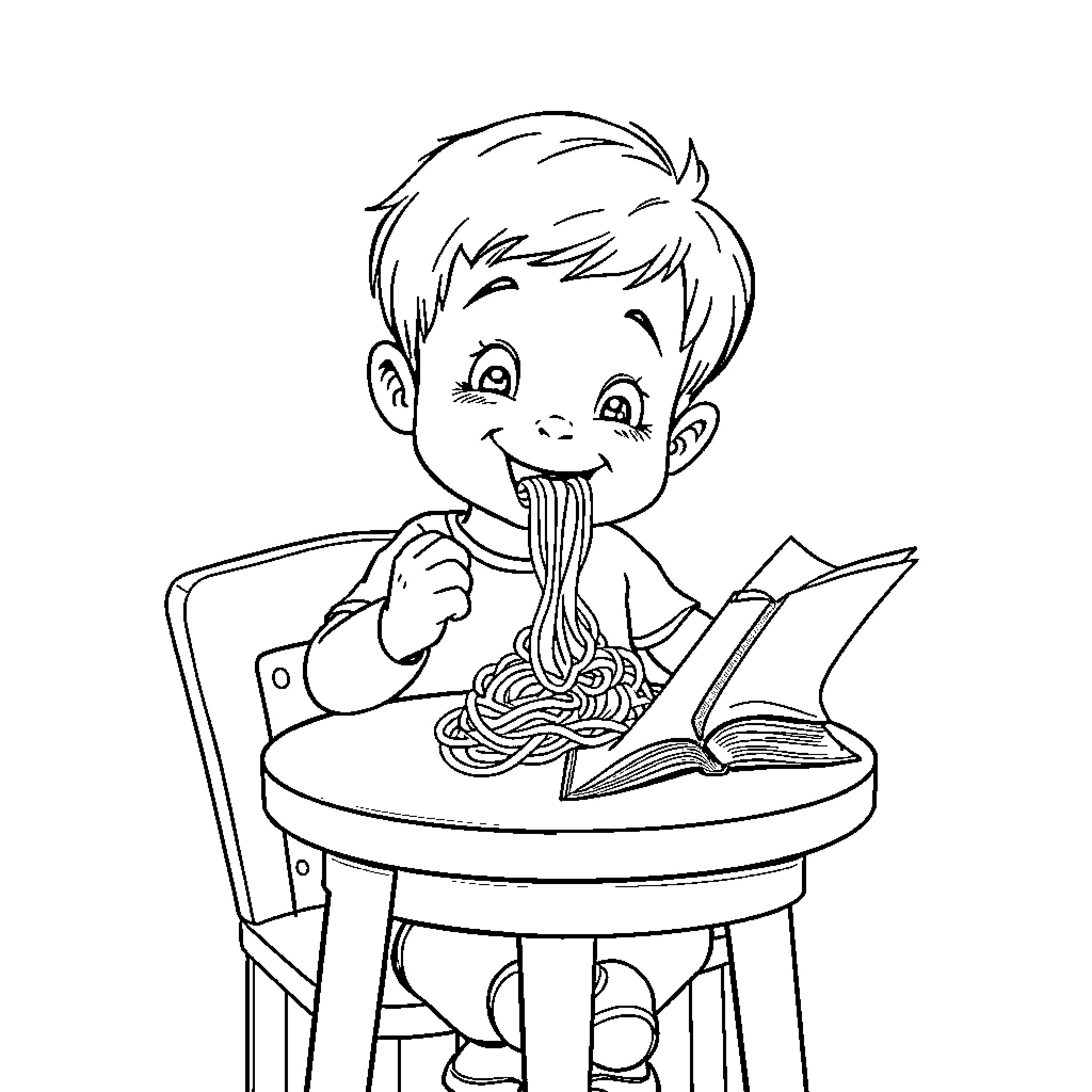 Child enjoying a delicious meal Coloring Page (free black-and-white line drawing printable PDF for all, from beginners to advanced learners, including children, teens, adults, and seniors)