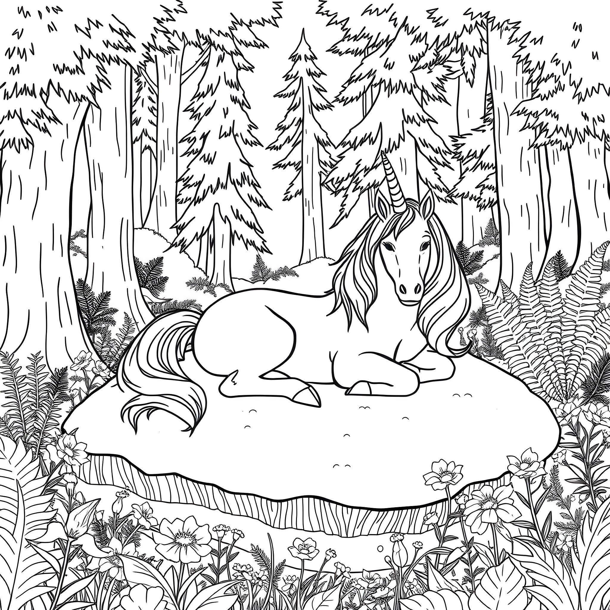 Alicorn resting in a serene forest Coloring Page (free black-and-white line drawing printable PDF for all, from beginners to advanced learners, including children, teens, adults, and seniors)
