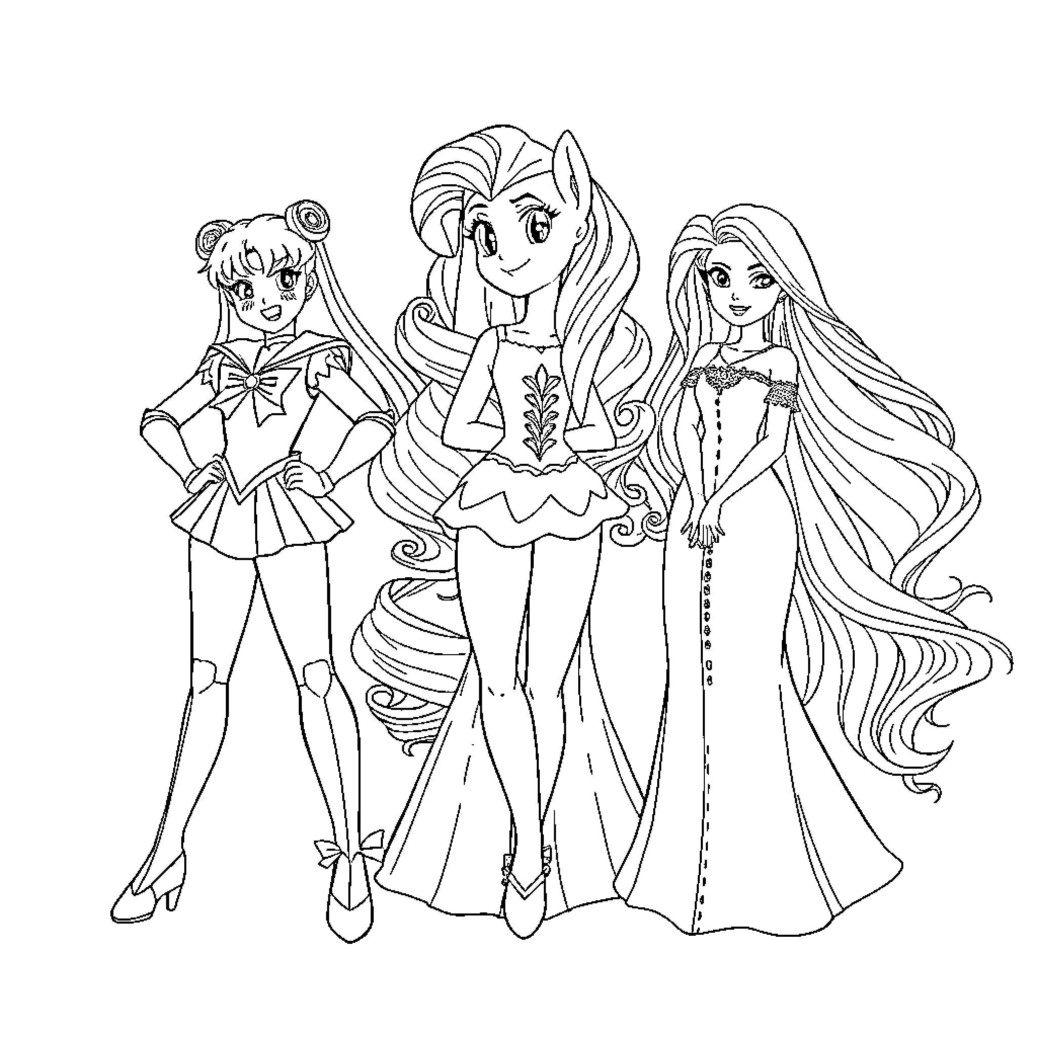 Girl characters in anime-styled outfits and poses Coloring Page (free black-and-white line drawing printable PDF for all, from beginners to advanced learners, including children, teens, adults, and seniors)