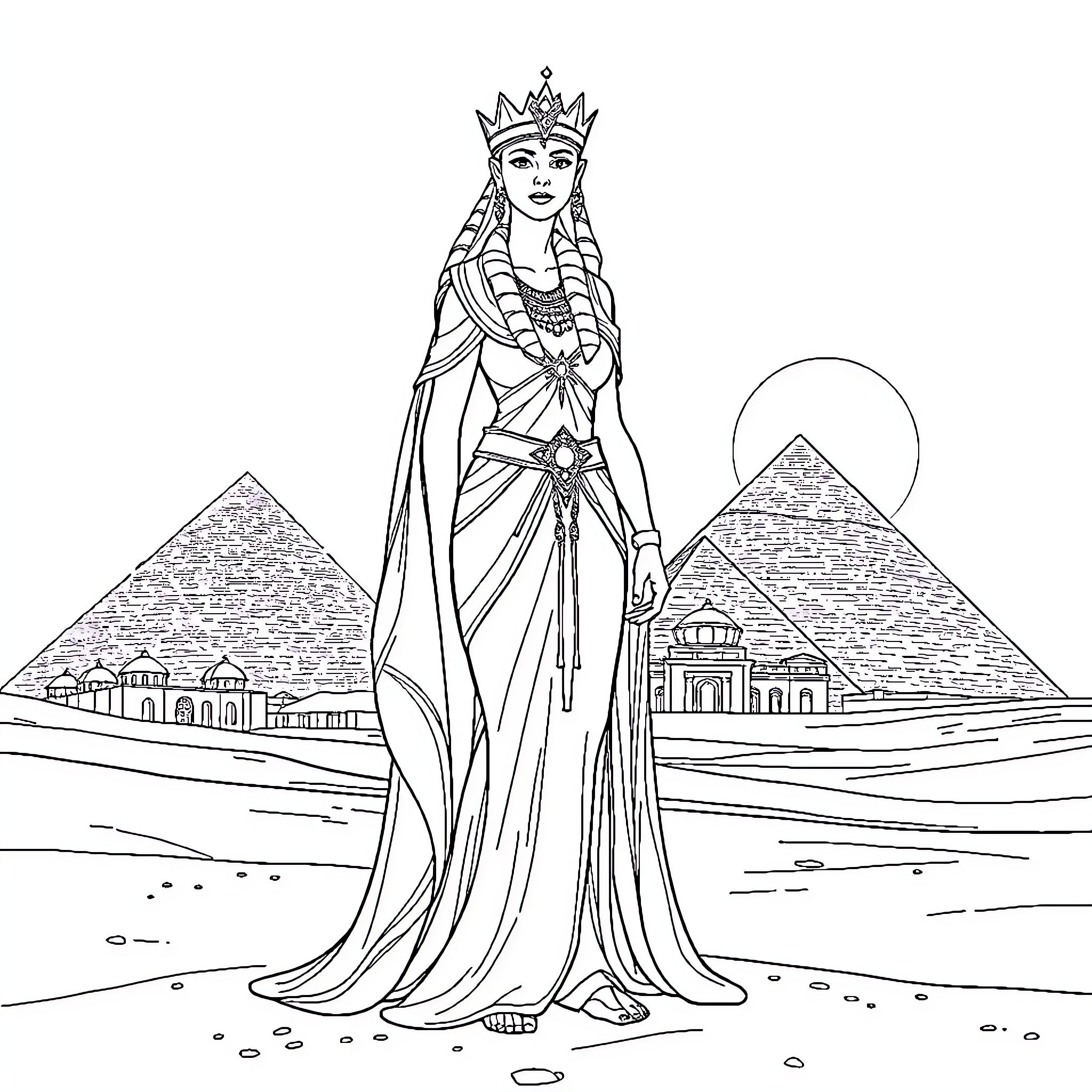 Queen in a majestic pose amidst the pyramids Coloring Page (free black-and-white line drawing printable PDF for all, from beginners to advanced learners, including children, teens, adults, and seniors)