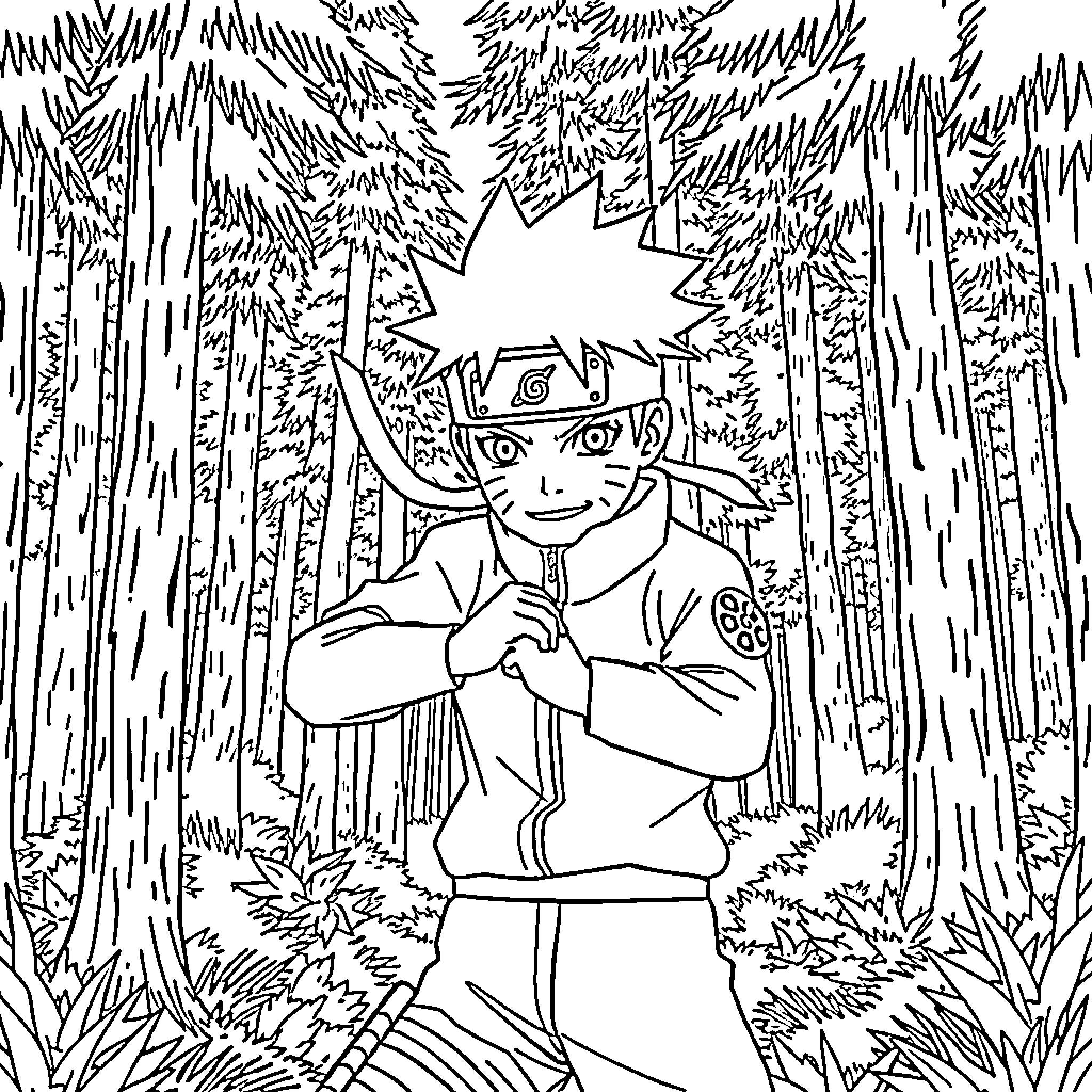 Naruto exploring the mysterious forest Coloring Page (free black-and-white line drawing printable PDF for all, from beginners to advanced learners, including children, teens, adults, and seniors)