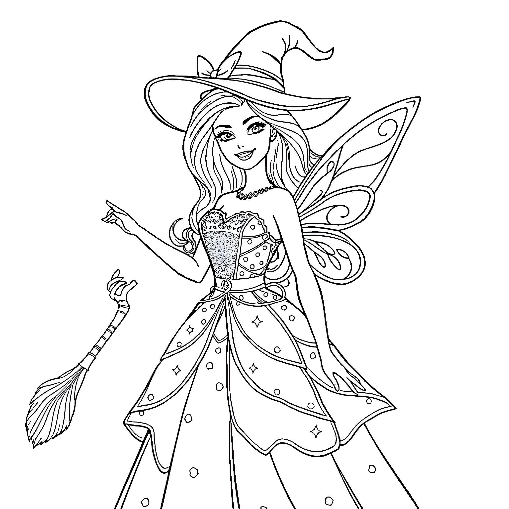 Barbie Fairy in Elaborate Costume and Accessories Coloring Page (free black-and-white line drawing printable PDF for all, from beginners to advanced learners, including children, teens, adults, and seniors)