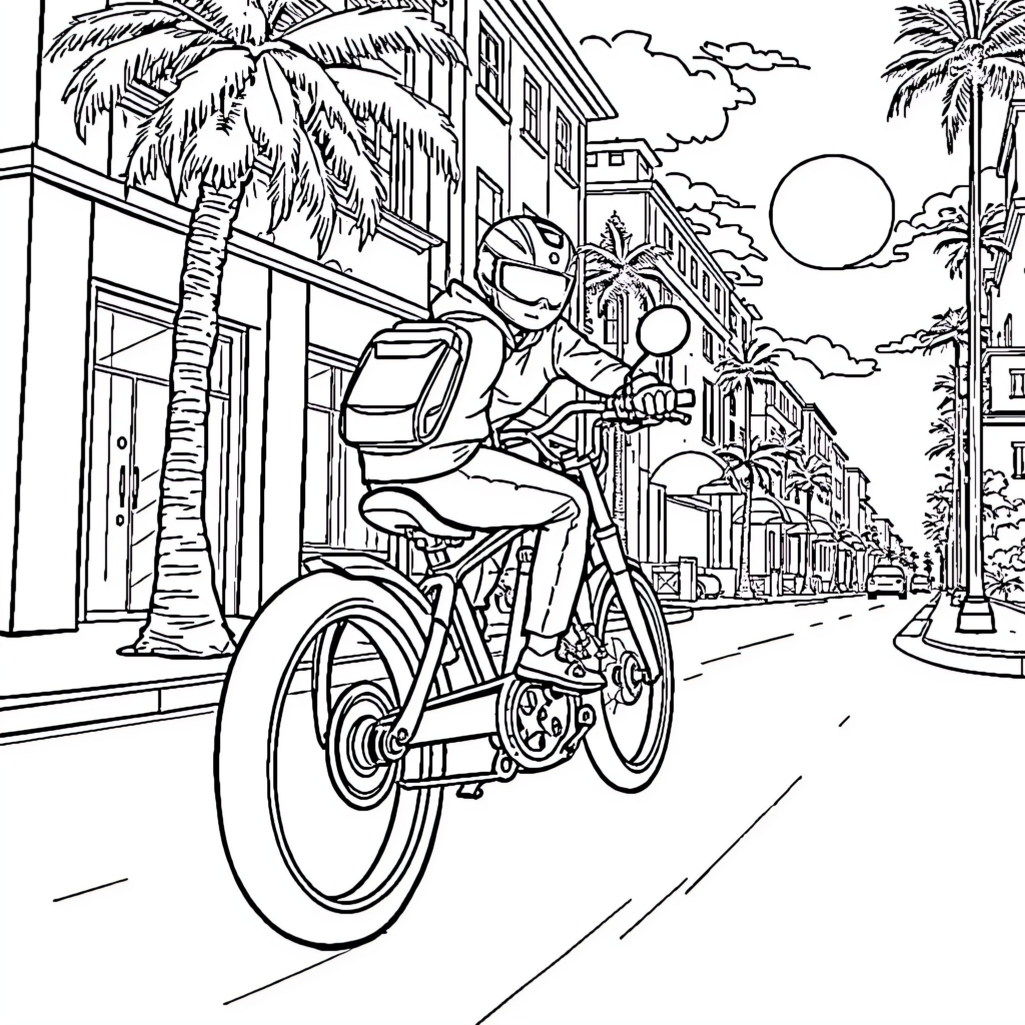 Gojo's Bike Ride through Lively City Street Coloring Page (free black-and-white line drawing printable PDF for all, from beginners to advanced learners, including children, teens, adults, and seniors)